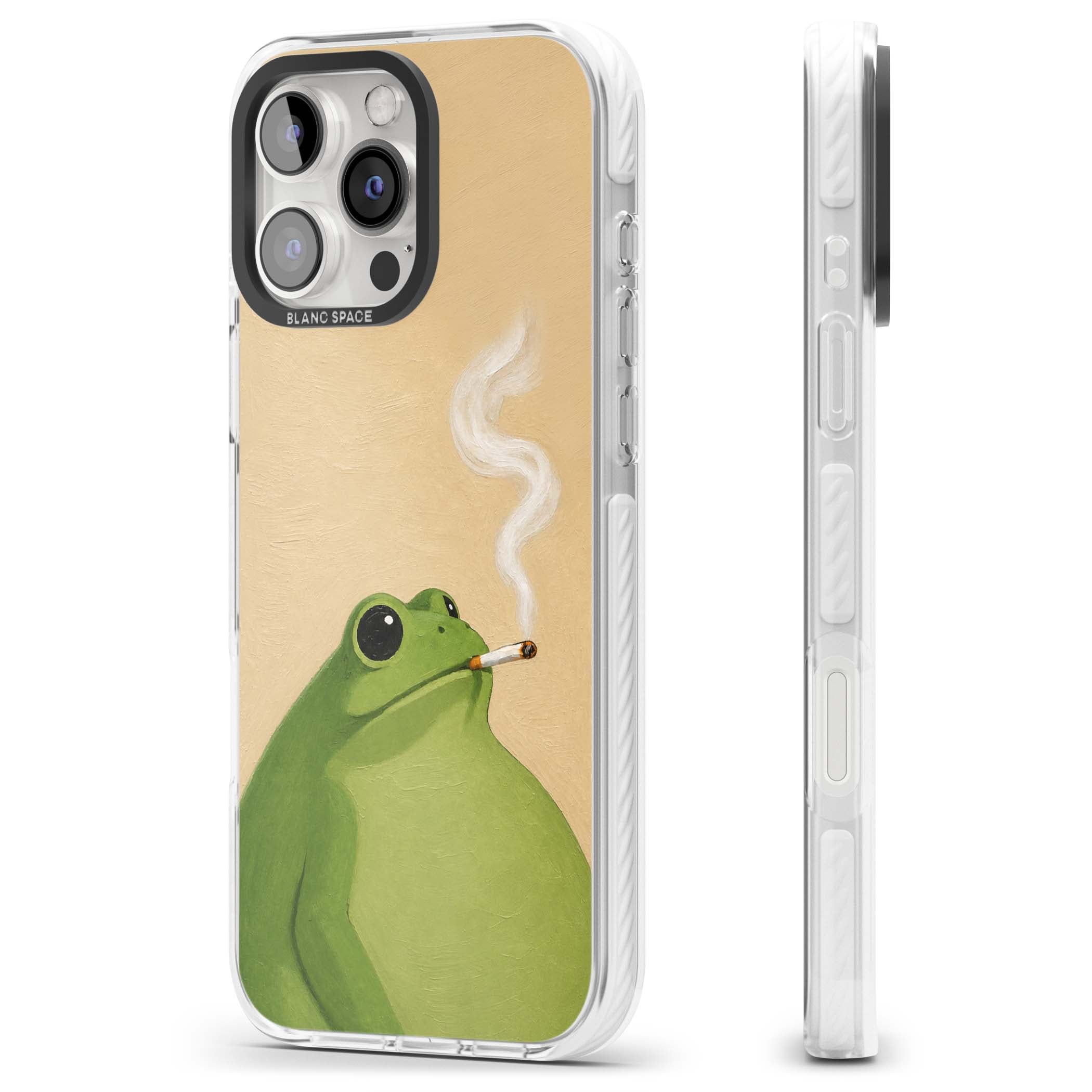 The Smoking Frog cottagecore iPhone case featuring a hand-painted green frog smoking a cigarette on a cream oil painting back | Clear Impact case for iPhone 16 Pro, iPhone 16 Pro Max