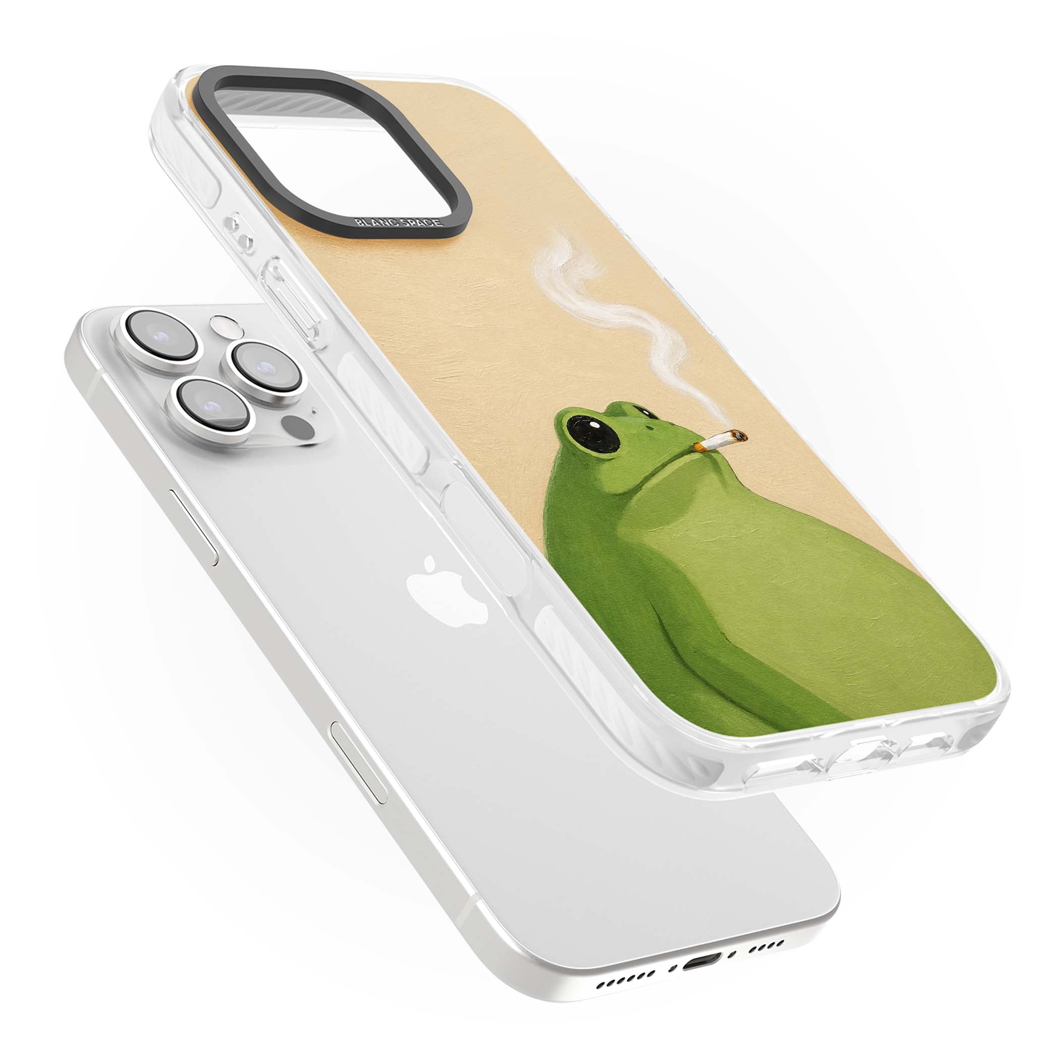 The Smoking Frog cottagecore iPhone case featuring a hand-painted green frog smoking a cigarette on a cream oil painting back | Clear Impact case for iPhone 16 Pro, iPhone 16 Pro Max