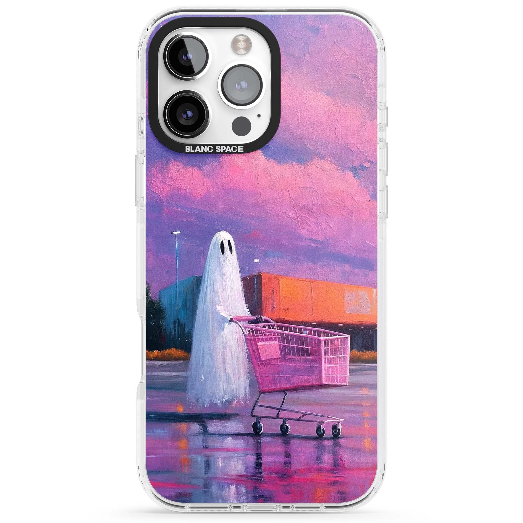 A Ghost's Errand ghost halloween iPhone case featuring a painted ghost, pink shopping trolley and purple sunset sky | Clear Impact case for iPhone 16 Pro, iPhone 16 Pro Max