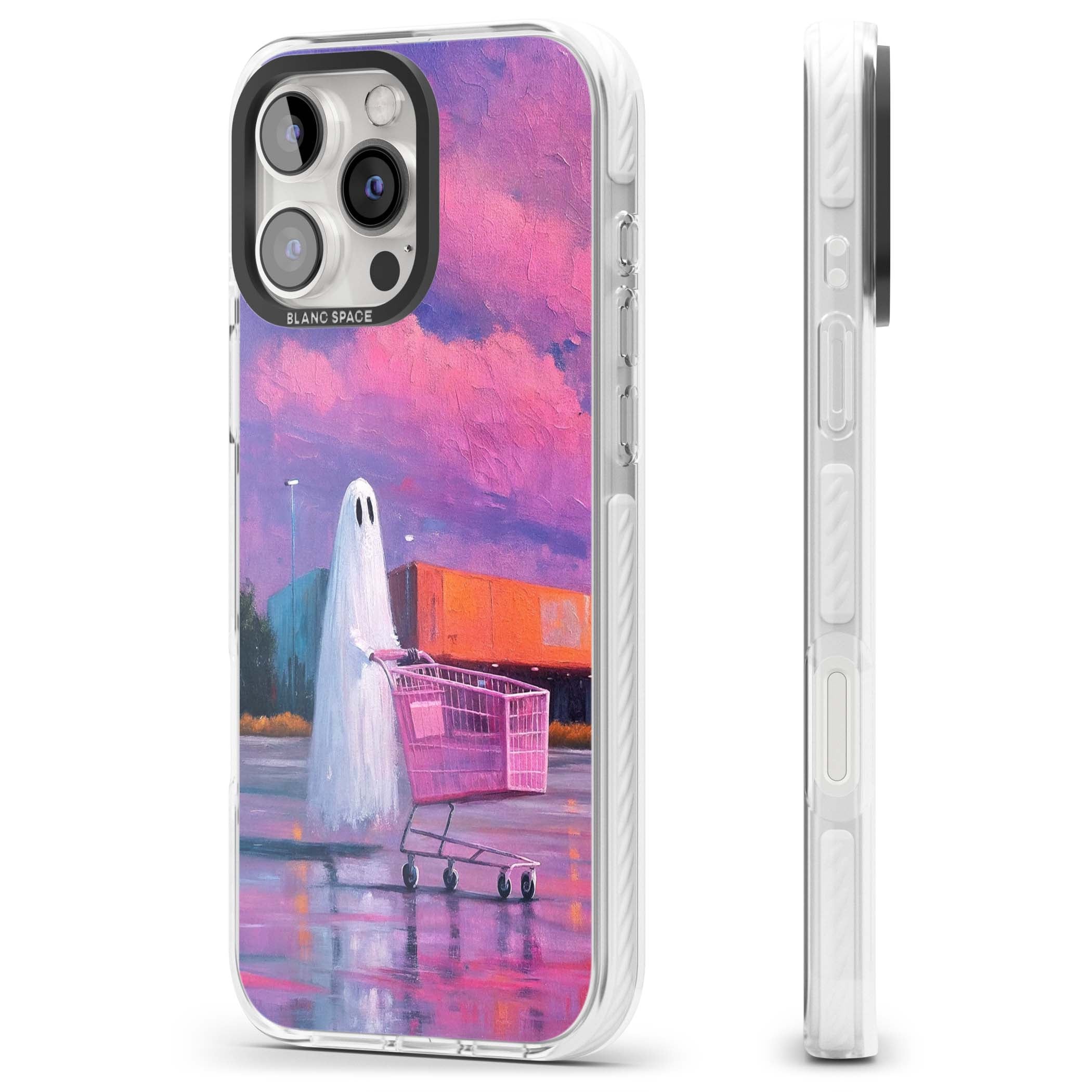 A Ghost's Errand ghost halloween iPhone case featuring a painted ghost, pink shopping trolley and purple sunset sky | Clear Impact case for iPhone 16 Pro, iPhone 16 Pro Max