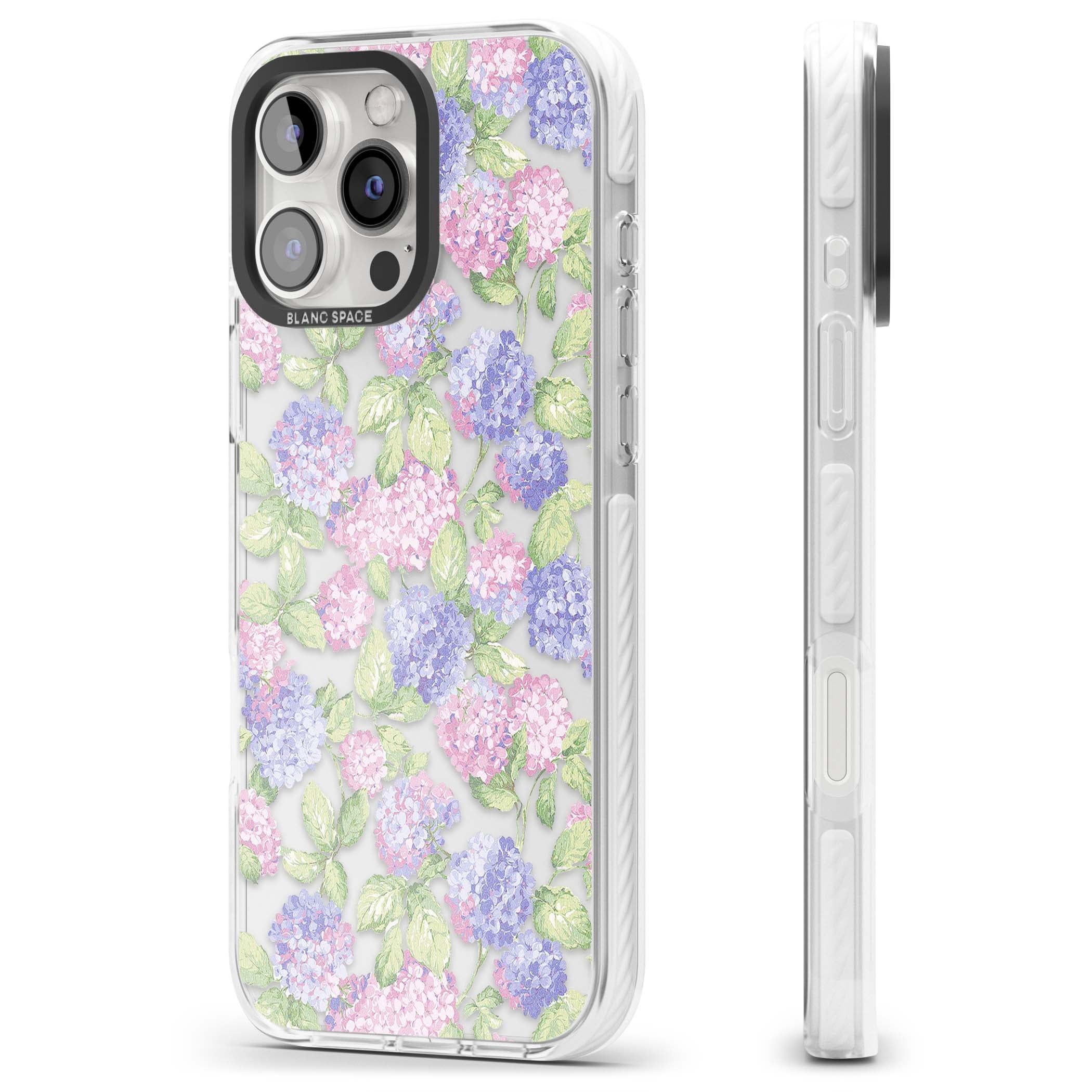 Cottage Hydrangea cottagecore iPhone case featuring pink and purple hydrangea blooms with green leaves on a clear background | Clear Impact case for iPhone 16 Pro, iPhone 16 Pro Max