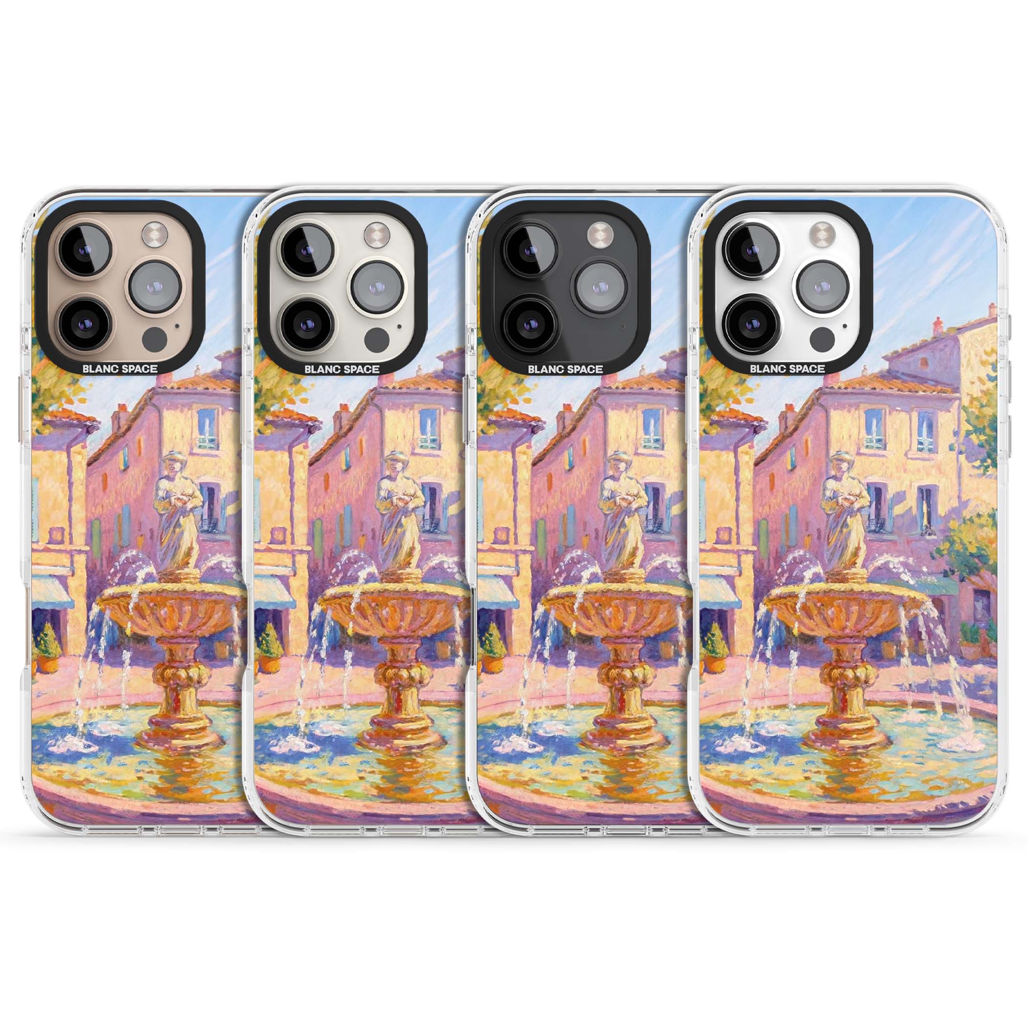 Fountain Square fine art iPhone case featuring an impressionist Provençal fountain, pastel village buildings and summe | Clear Impact case for iPhone 16 Pro, iPhone 16 Pro Max