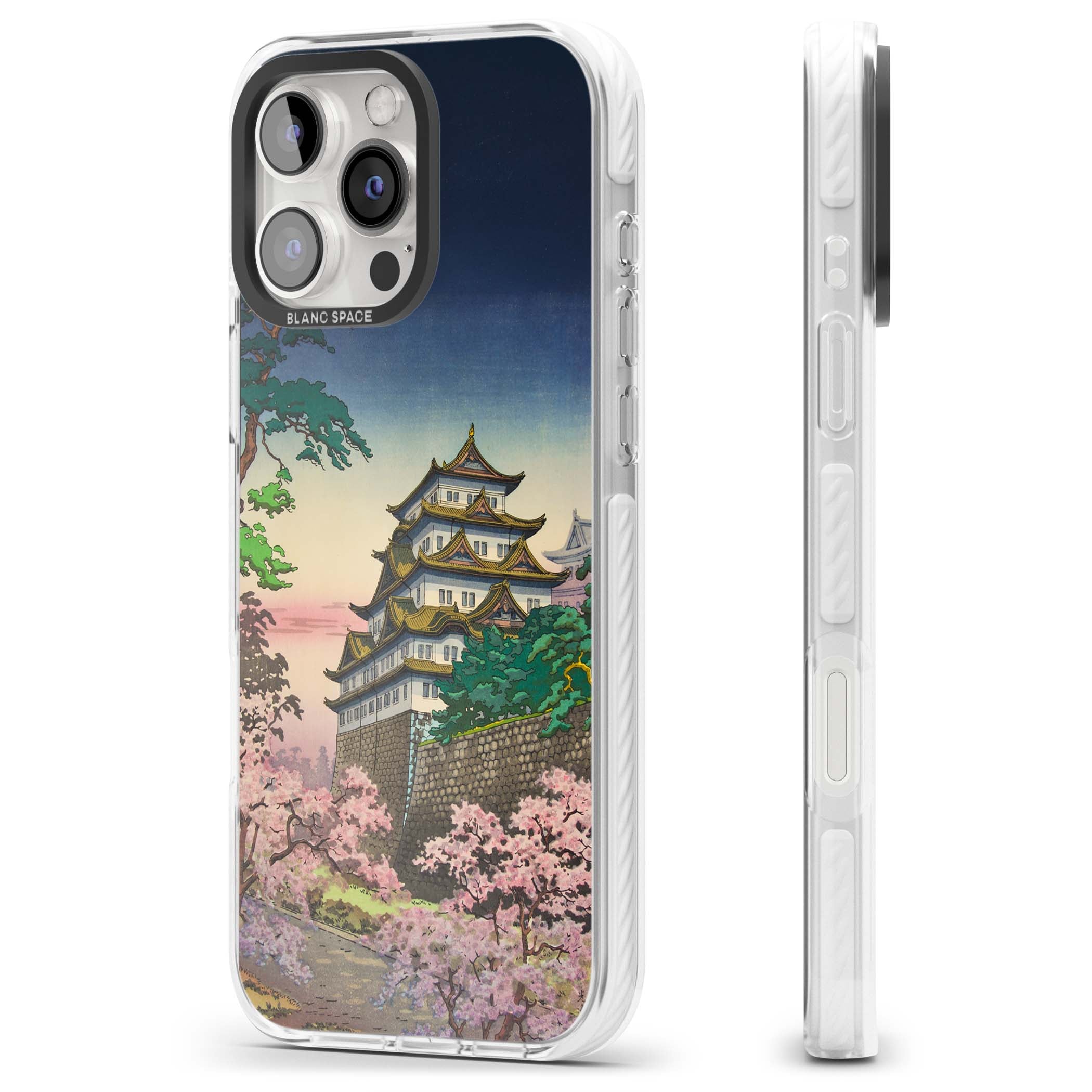 Nagoya Castle Japanese iPhone case featuring a vintage pagoda, twilight sky and cherry blossom trees | Clear Impact case for iPhone 16 Pro, iPhone 16 Pro Max