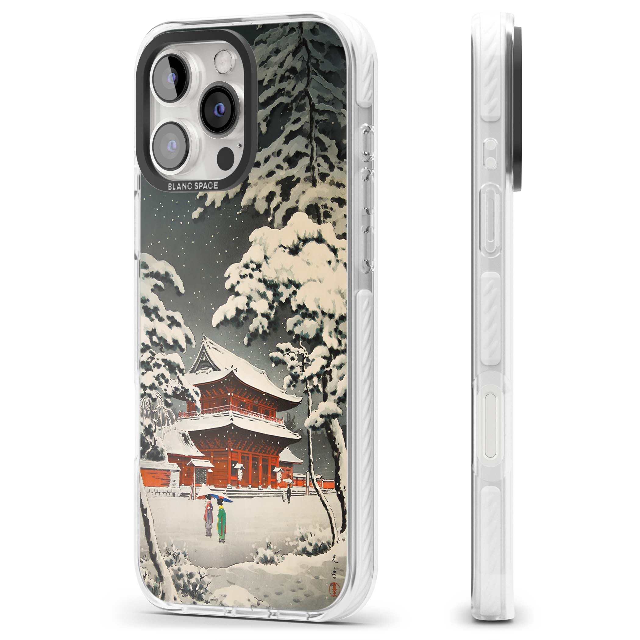 Snow at Shiha Park, Tokyo Japanese art iPhone case featuring a vintage ukiyo-e snowy temple, red pagoda, and snow-covered pin | Clear Impact case for iPhone 16 Pro, iPhone 16 Pro Max