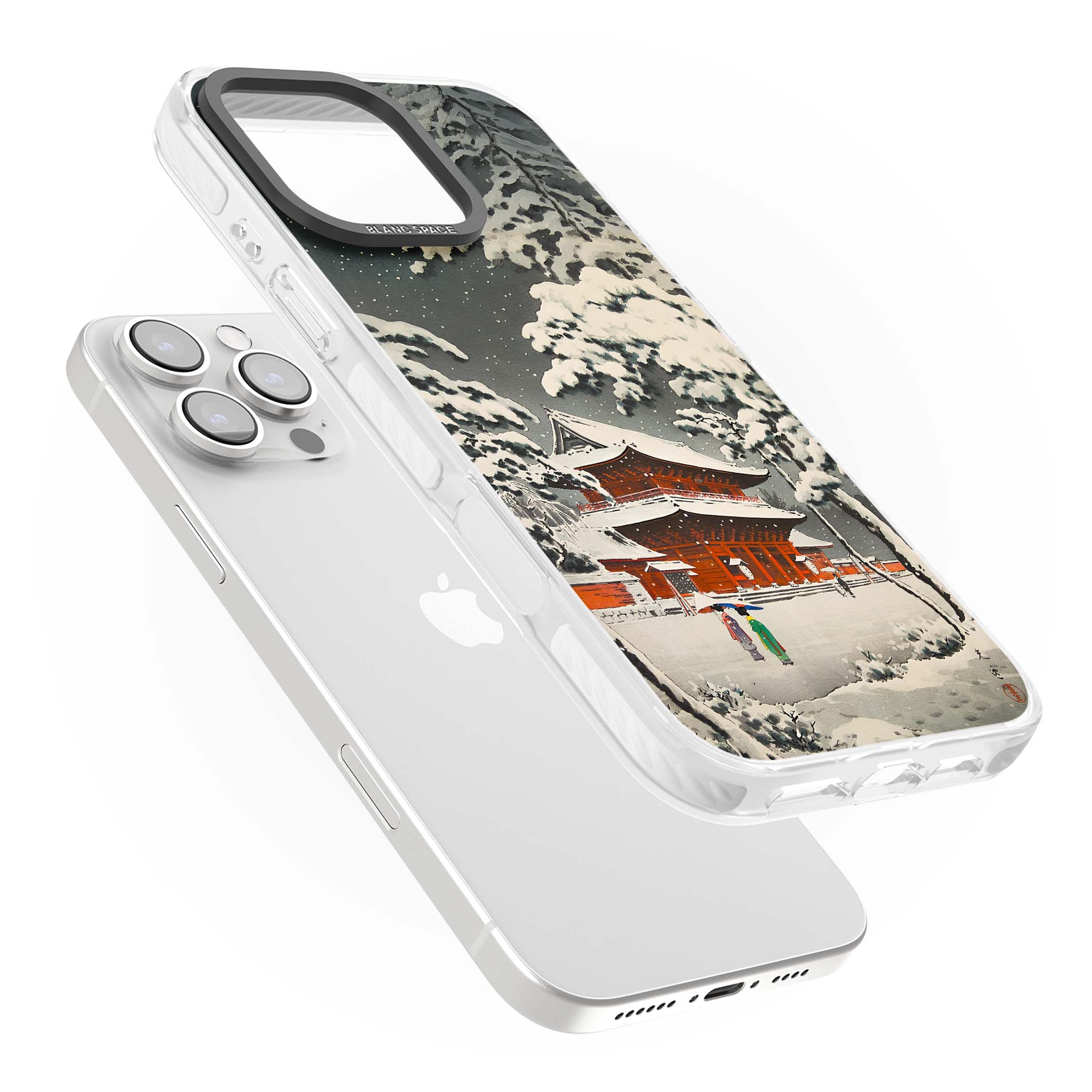 Snow at Shiha Park, Tokyo Japanese art iPhone case featuring a vintage ukiyo-e snowy temple, red pagoda, and snow-covered pin | Clear Impact case for iPhone 16 Pro, iPhone 16 Pro Max
