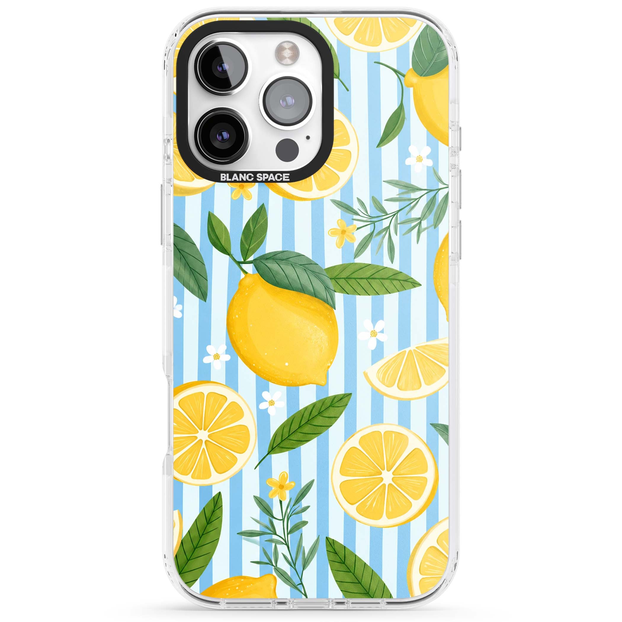 Capri Citrus Stripe coastal iPhone case featuring yellow lemons, blue stripes, and white daisy blossoms | Clear Impact case for iPhone 16 Pro, iPhone 16 Pro Max