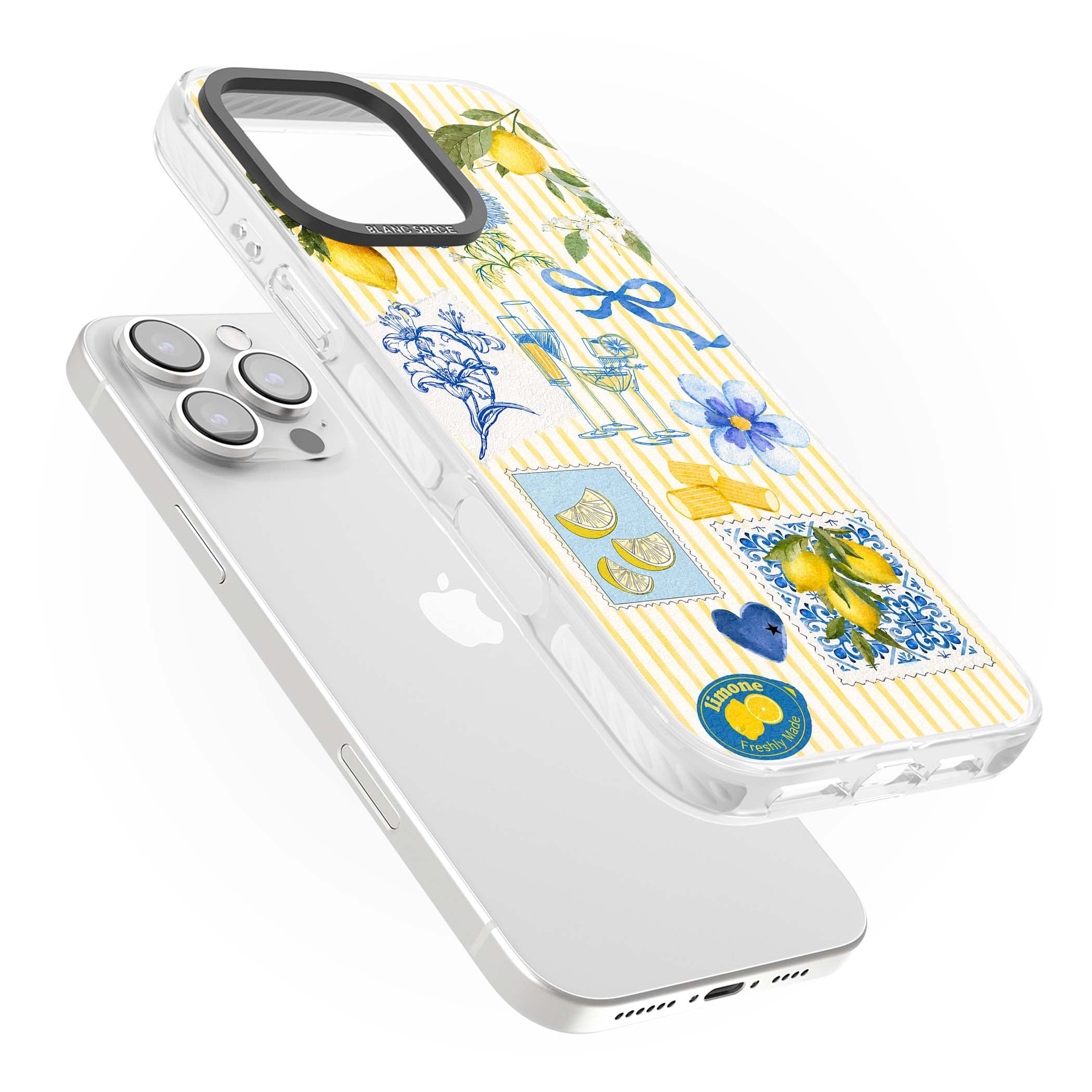 Limone Riviera Italian summer iPhone case featuring watercolour lemons, blue ribbon bows and majolica tile stamps on... | Clear Impact case for iPhone 16 Pro, iPhone 16 Pro Max