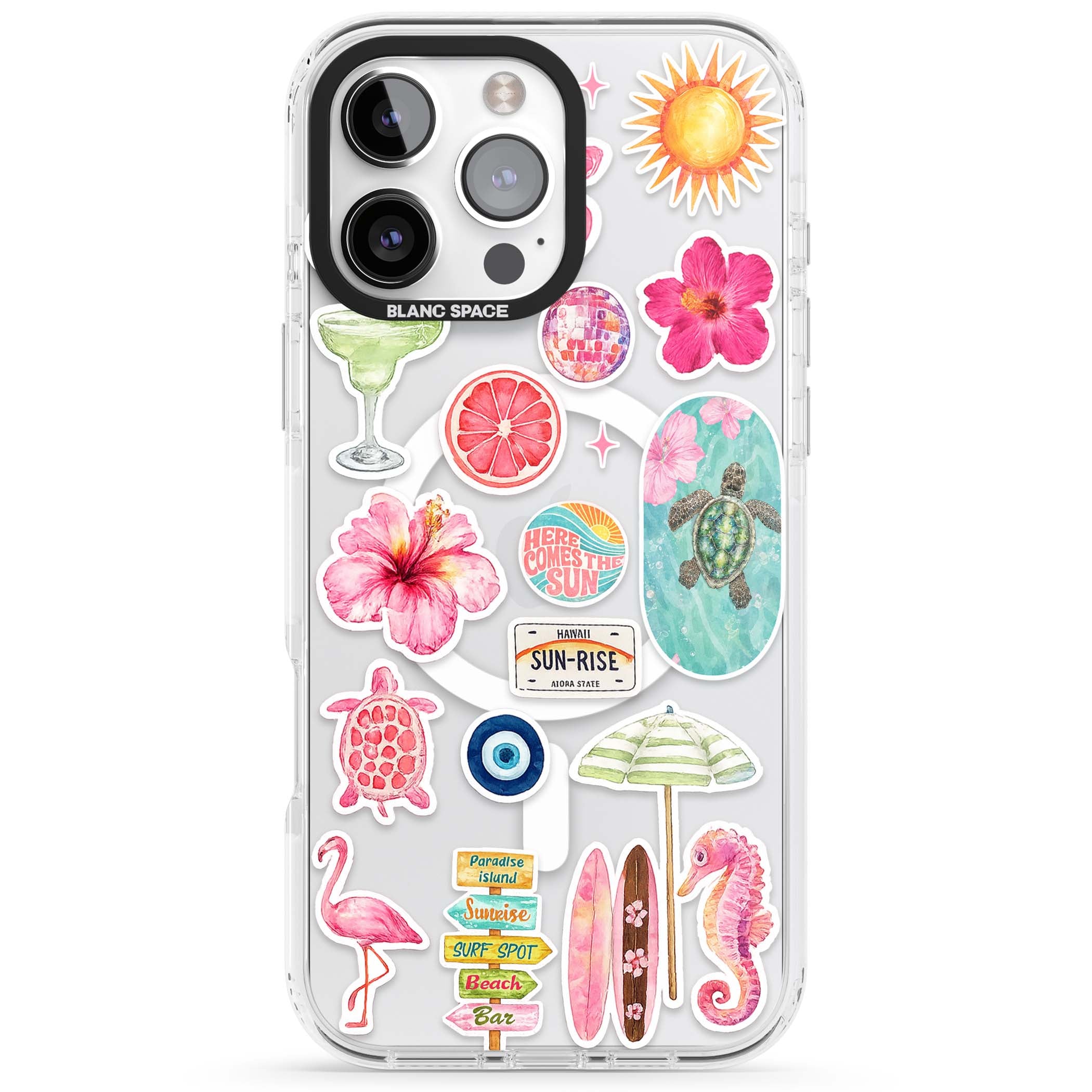 Aloha Sticker Mix tropical summer iPhone case featuring pink hibiscus, sea turtles, flamingo and beach umbrella stickers | Impact Magsafe case for iPhone 16 Pro, iPhone 16 Pro Max