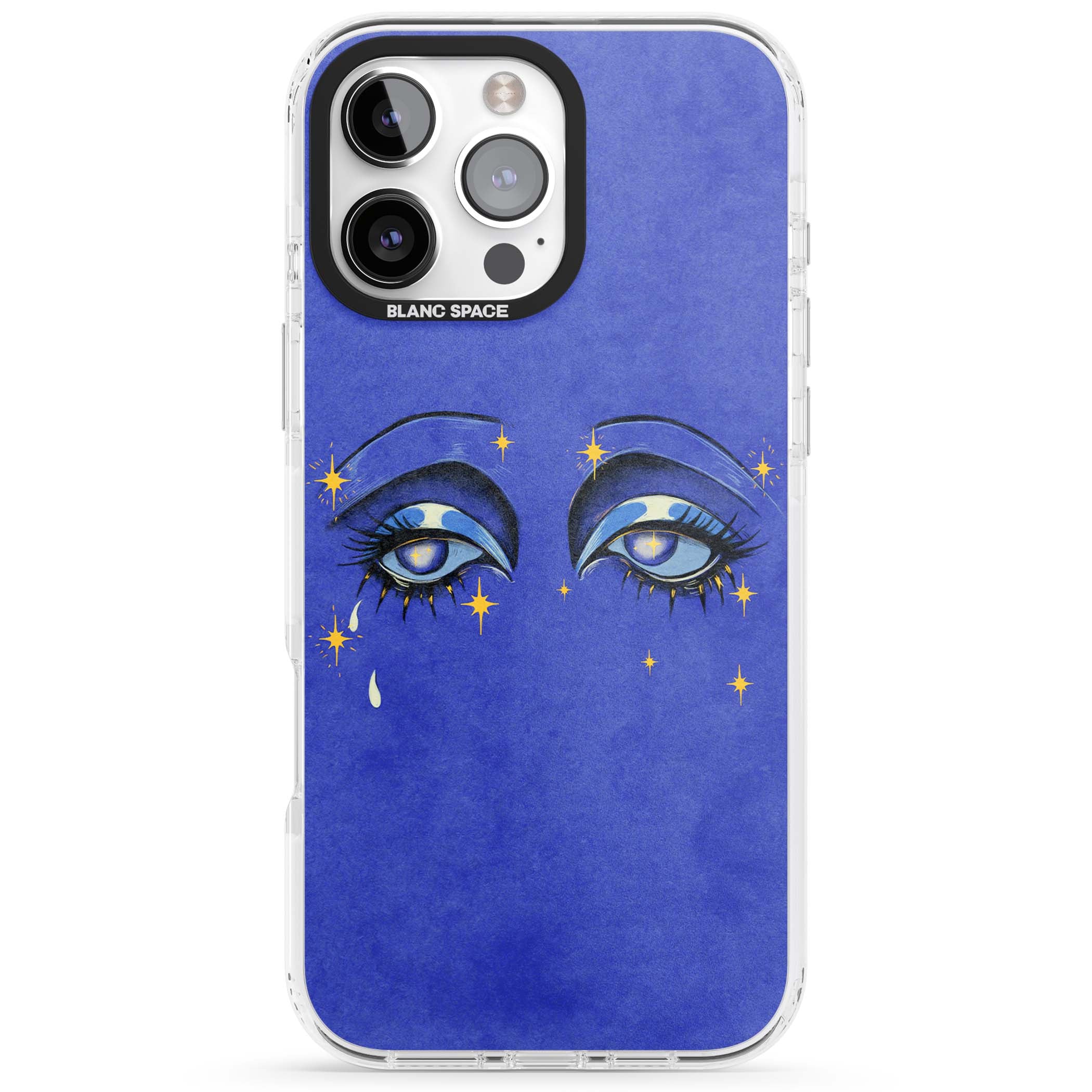 Blue Mystic Eyes celestial iPhone case featuring hand drawn blue mystical eyes, golden stars and a painted tear on indigo | Impact Magsafe case for iPhone 16 Pro, iPhone 16 Pro Max