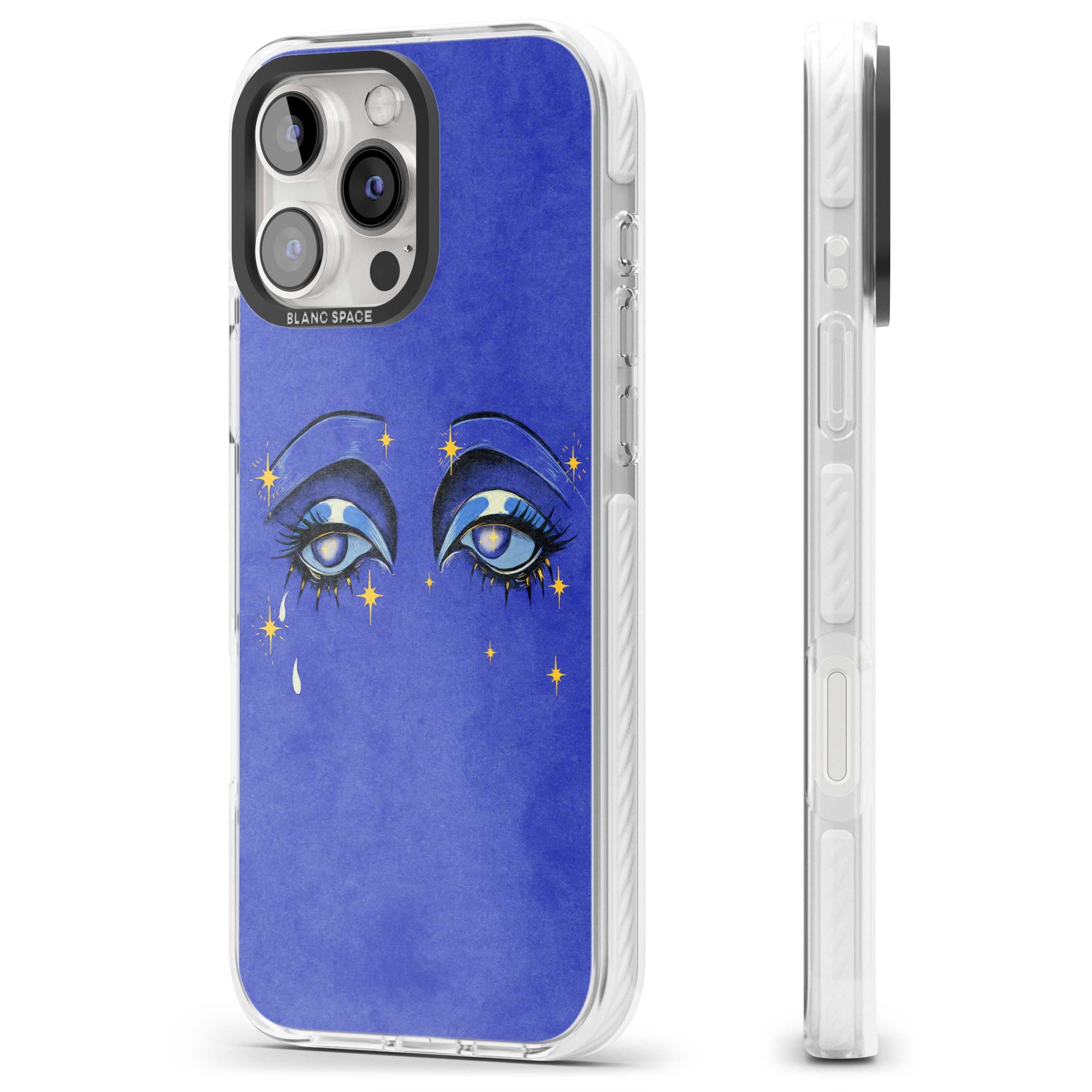Blue Mystic Eyes celestial iPhone case featuring hand drawn blue mystical eyes, golden stars and a painted tear on indigo | Impact Magsafe case for iPhone 16 Pro, iPhone 16 Pro Max