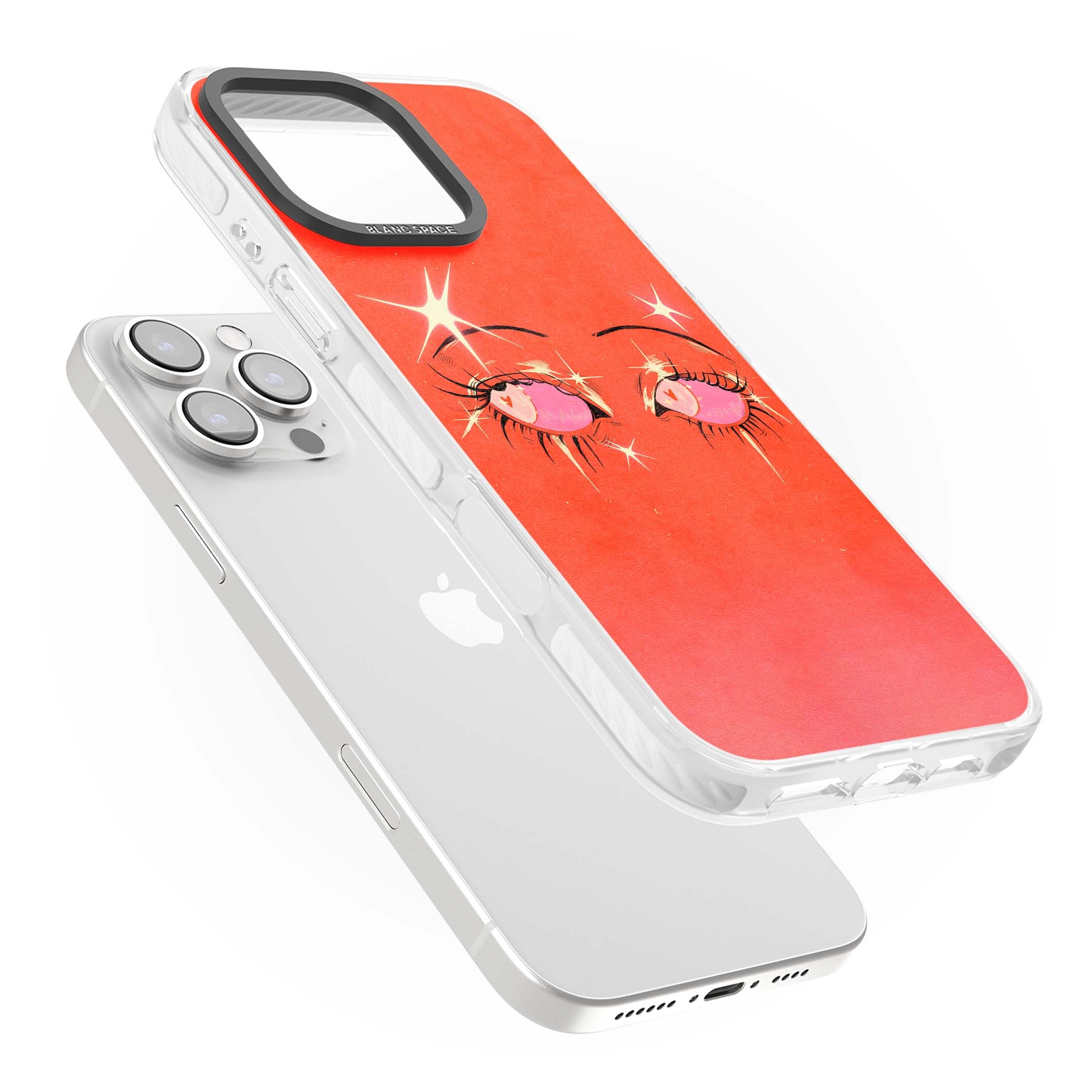 Pink Ethereal Eyes anime iPhone case featuring hand-drawn sparkly eyes with pink hearts and gold stars on red | Impact Magsafe case for iPhone 16 Pro, iPhone 16 Pro Max