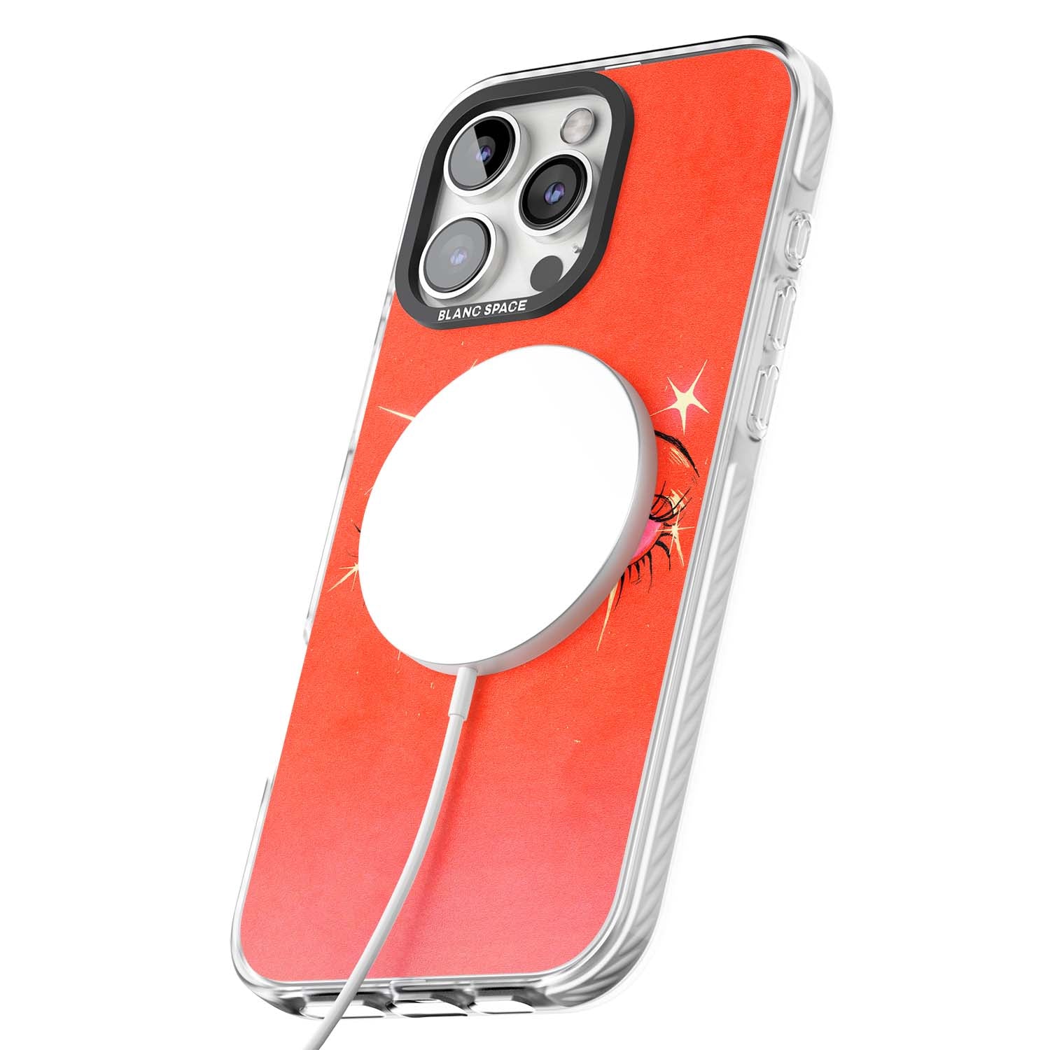 Pink Ethereal Eyes anime iPhone case featuring hand-drawn sparkly eyes with pink hearts and gold stars on red | Impact Magsafe case for iPhone 16 Pro, iPhone 16 Pro Max