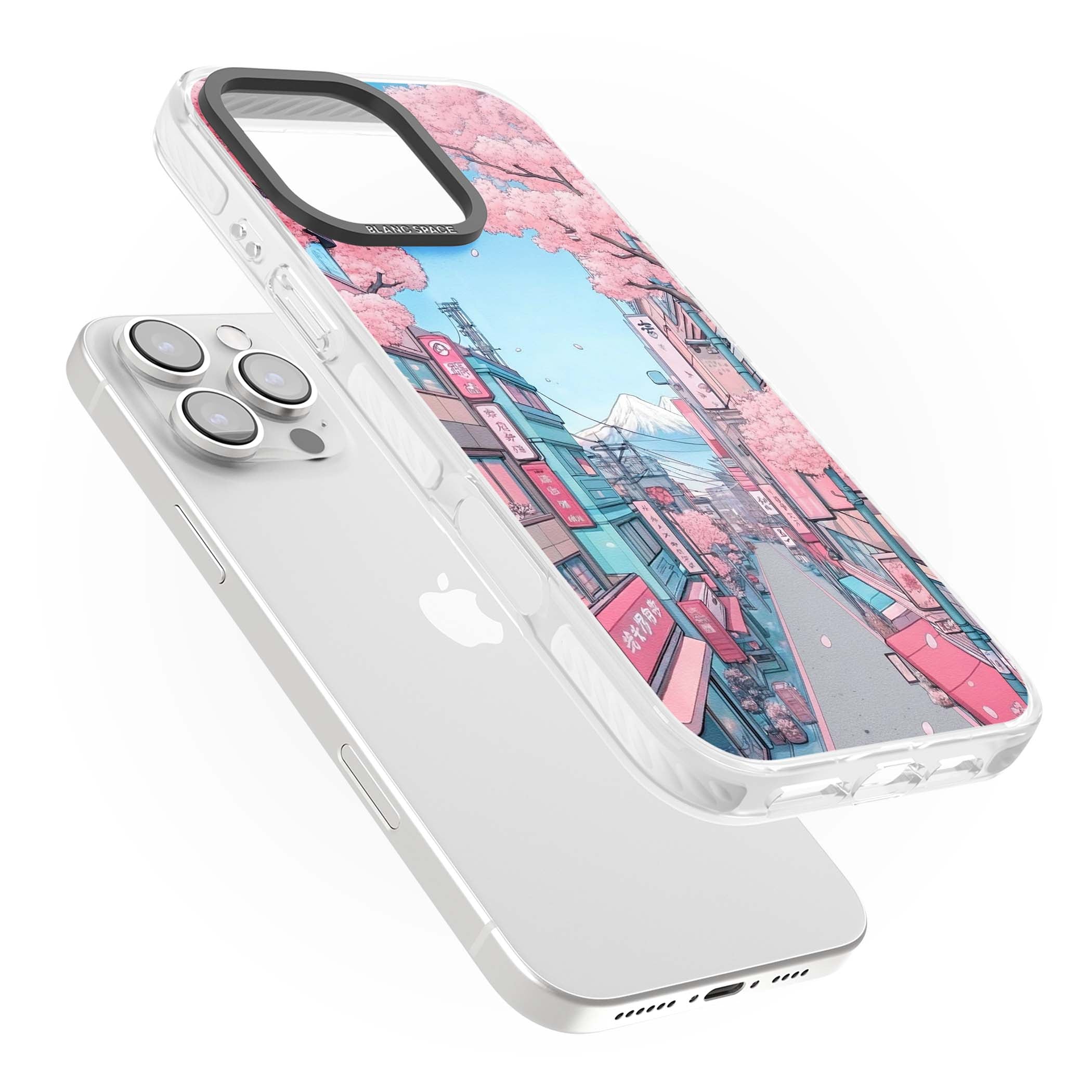 Sakura Lane anime iPhone case featuring Tokyo street scene with cherry blossoms and Mount Fuji | Impact Magsafe case for iPhone 16 Pro, iPhone 16 Pro Max