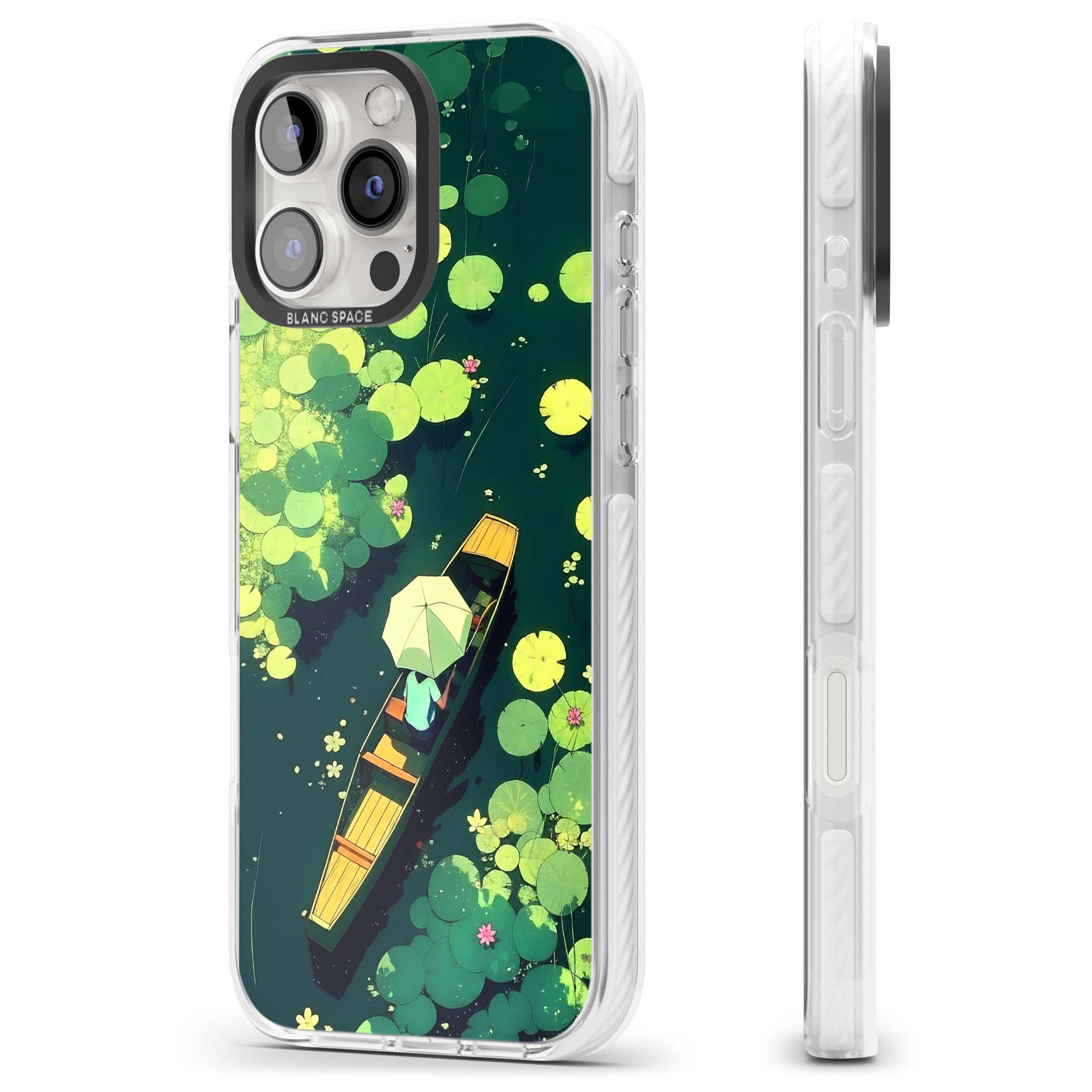 Jade Waters cottagecore iPhone case featuring a painted lily pond, wooden boat with parasol and floating water lilies | Impact Magsafe case for iPhone 16 Pro, iPhone 16 Pro Max