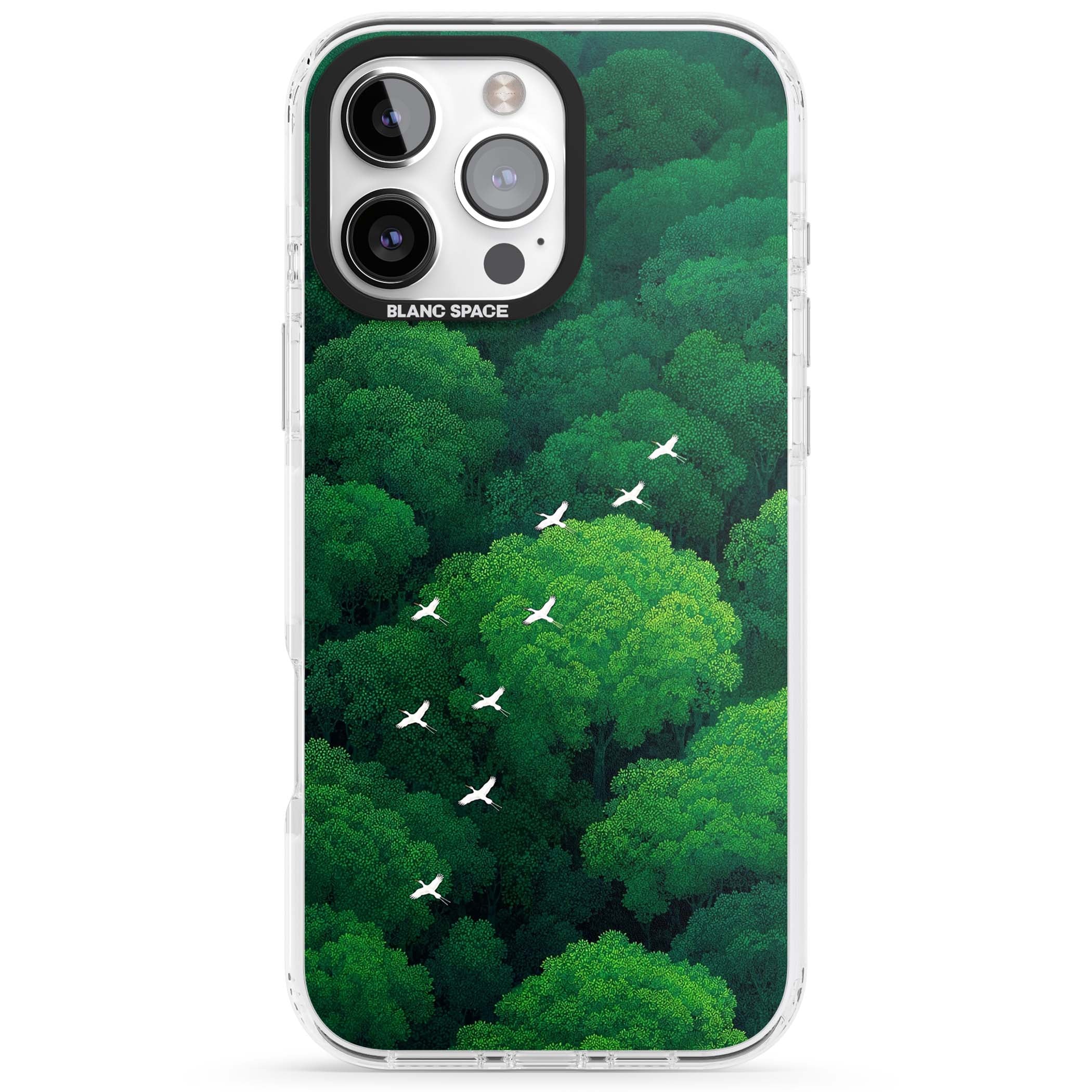 Grove Migration forest iPhone case featuring white cranes flying over lush green treetop canopy | Impact Magsafe case for iPhone 16 Pro, iPhone 16 Pro Max