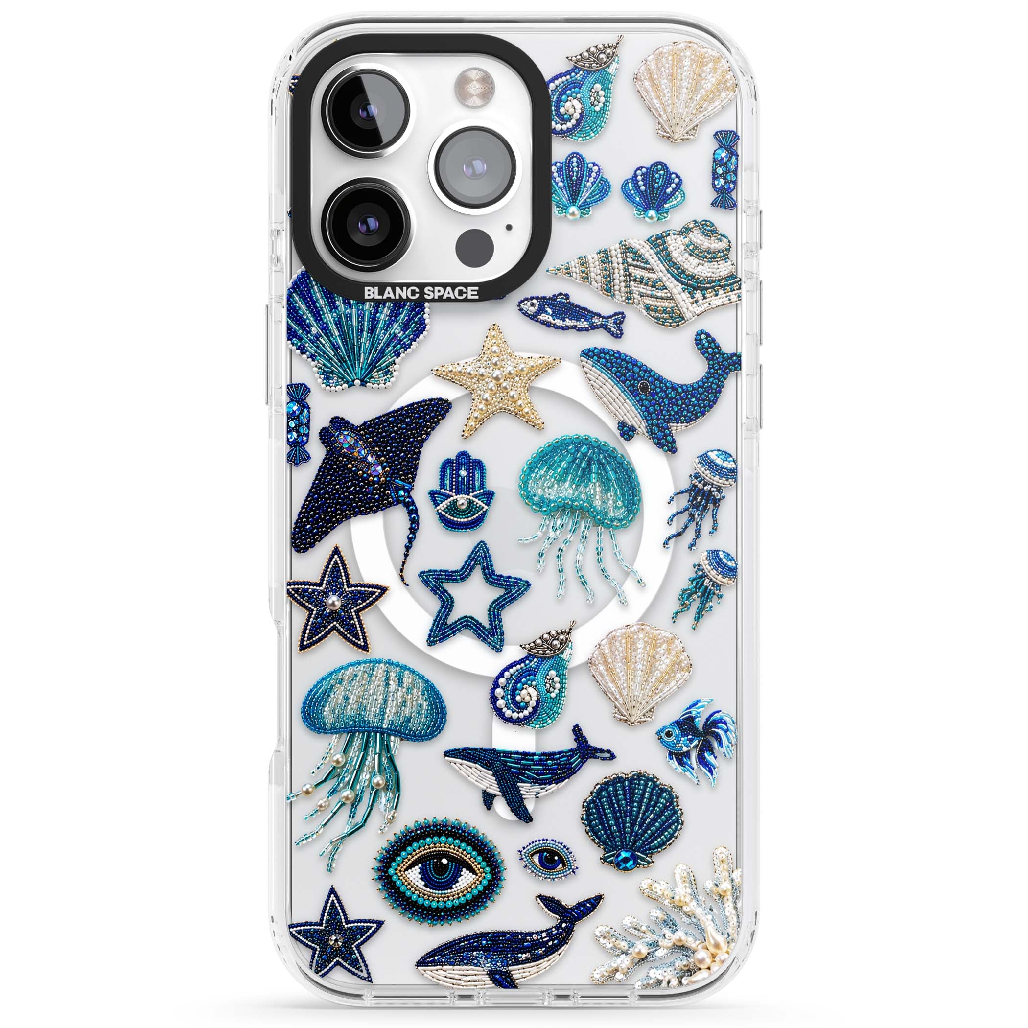 Beaded Coastal coastal iPhone case featuring embroidered seashells, jellyfish and a blue whale on clear | Impact Magsafe case for iPhone 16 Pro, iPhone 16 Pro Max