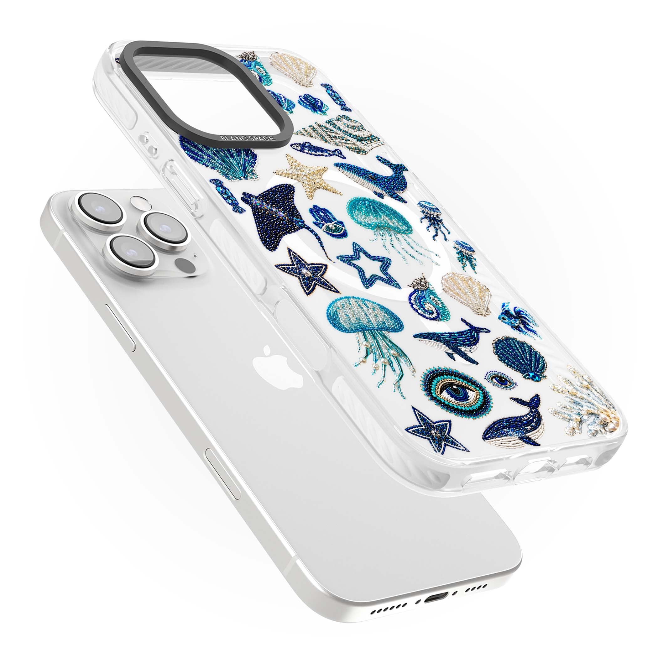 Beaded Coastal coastal iPhone case featuring embroidered seashells, jellyfish and a blue whale on clear | Impact Magsafe case for iPhone 16 Pro, iPhone 16 Pro Max