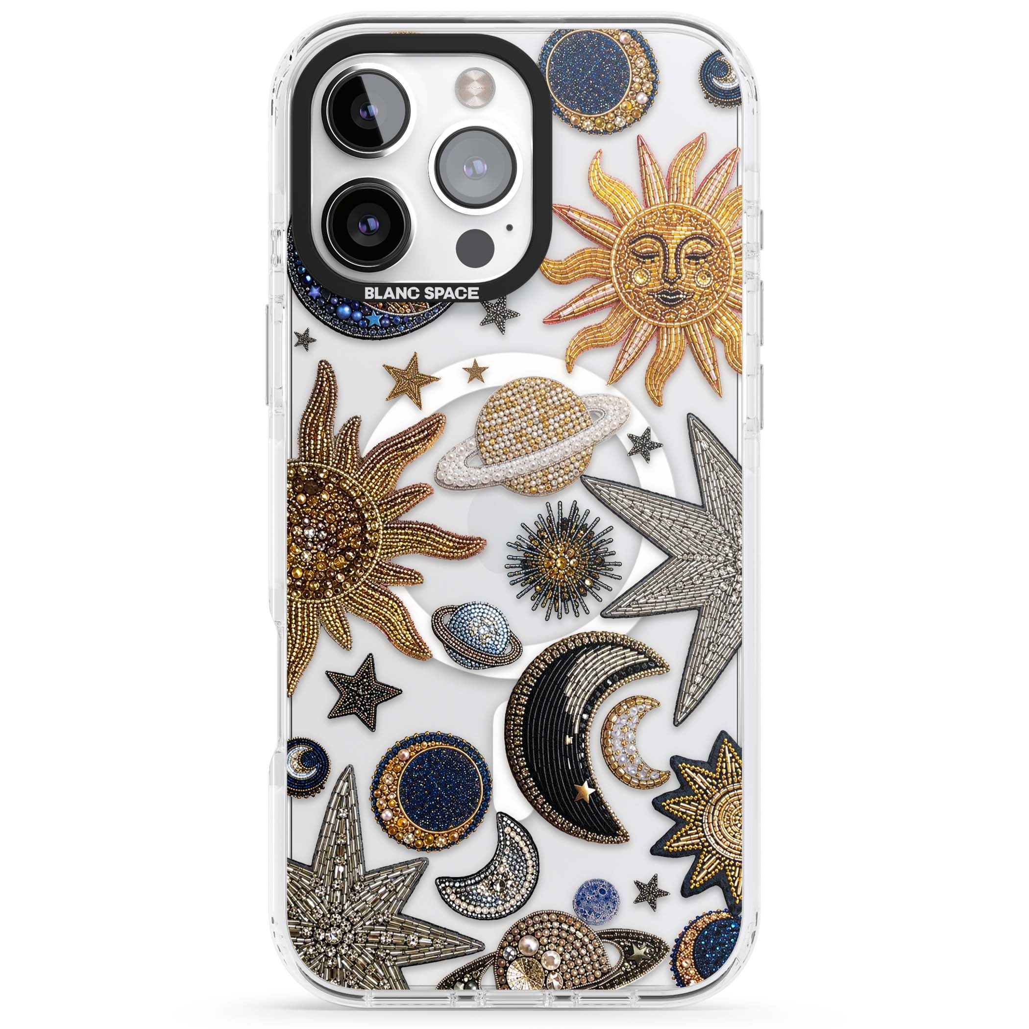 Beaded Cosmos celestial iPhone case featuring embroidered golden suns, beaded planets and silver shooting stars | Impact Magsafe case for iPhone 16 Pro, iPhone 16 Pro Max