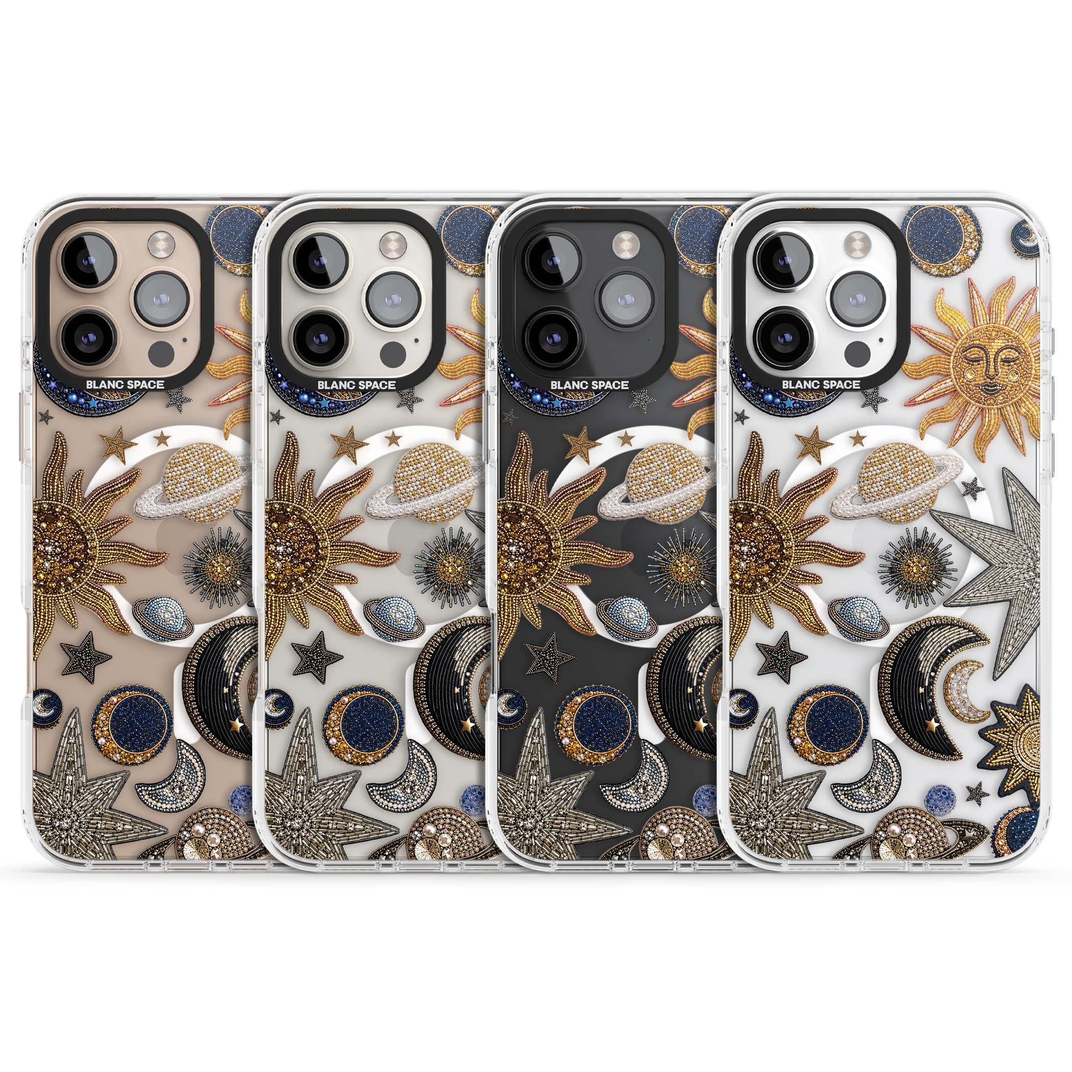 Beaded Cosmos celestial iPhone case featuring embroidered golden suns, beaded planets and silver shooting stars | Impact Magsafe case for iPhone 16 Pro, iPhone 16 Pro Max