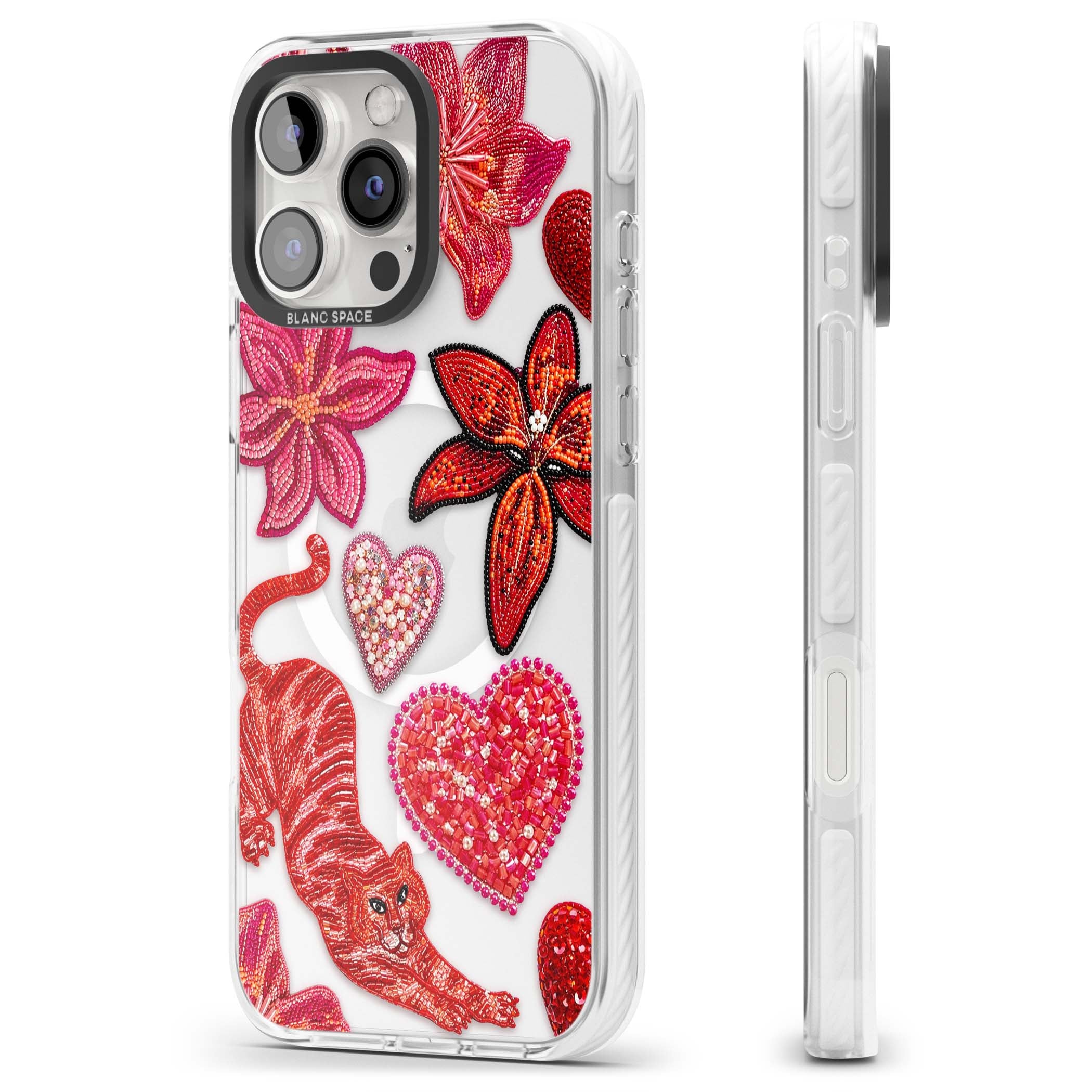Beaded Boho floral iPhone case featuring beaded red lilies, a stitched tiger, and pearl-encrusted hearts on clear | Impact Magsafe case for iPhone 16 Pro, iPhone 16 Pro Max
