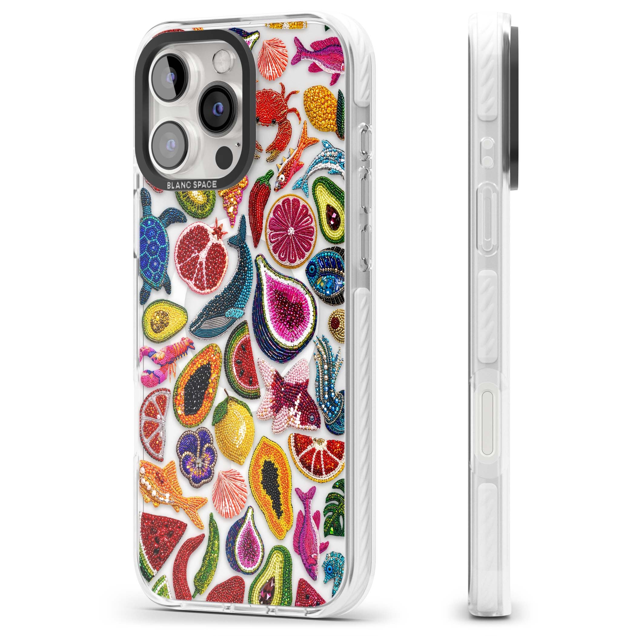 Beaded Tropic tropical iPhone case featuring beaded fruit, fish, crabs and seashells in vibrant colour | Impact Magsafe case for iPhone 16 Pro, iPhone 16 Pro Max