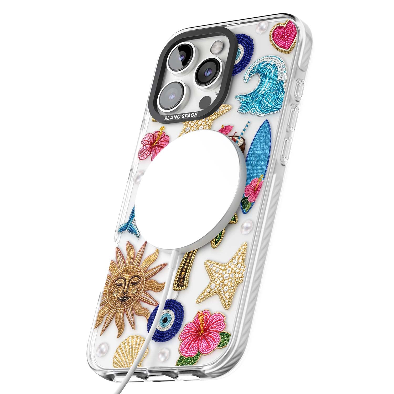 Beaded Beach coastal summer iPhone case featuring embroidered evil eye, hibiscus flowers, dolphin and palm tree patches | Impact Magsafe case for iPhone 16 Pro, iPhone 16 Pro Max