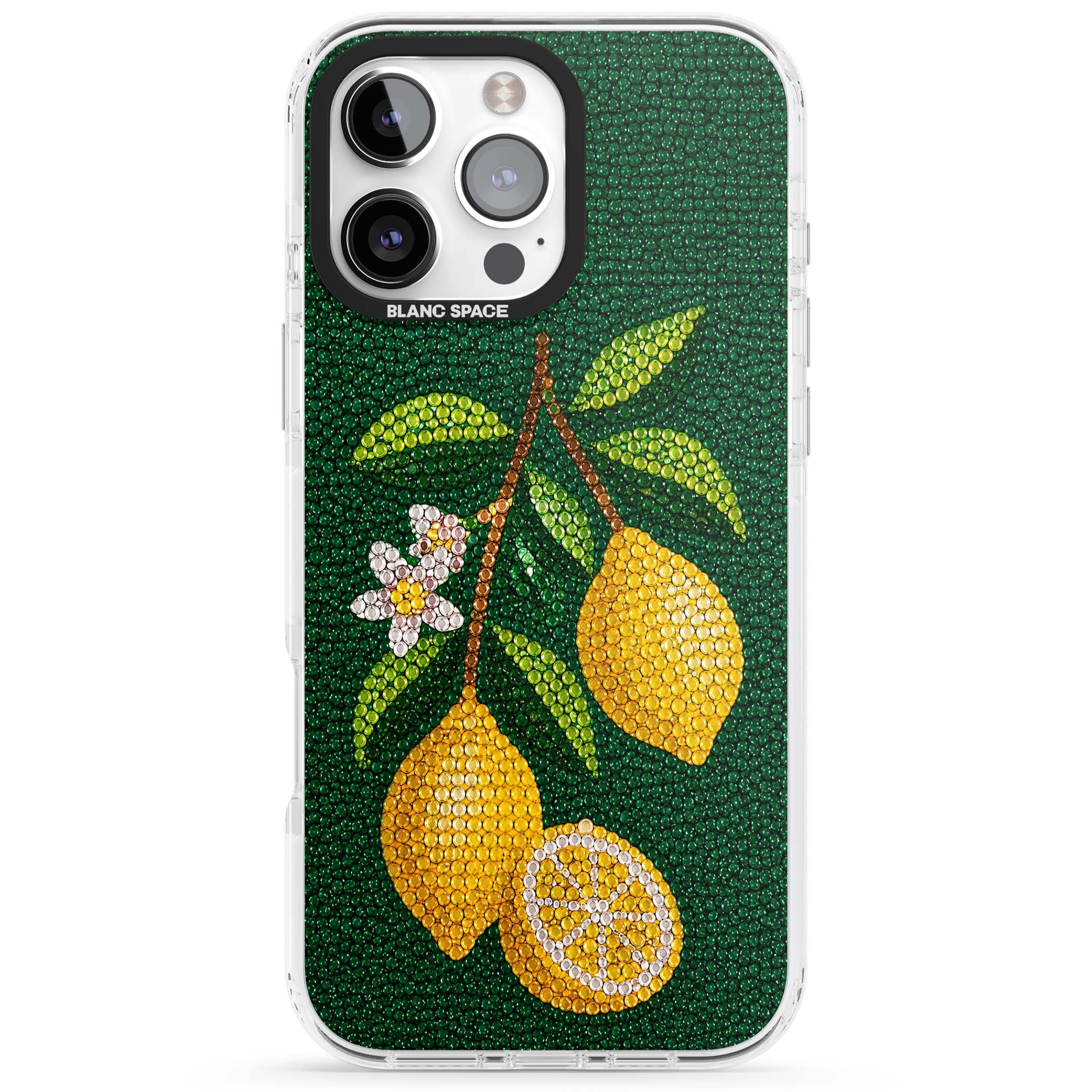 Beaded Lemons coastal iPhone case featuring crystal-beaded lemons, citrus blossom and green leaves on emerald ground | Impact Magsafe case for iPhone 16 Pro, iPhone 16 Pro Max