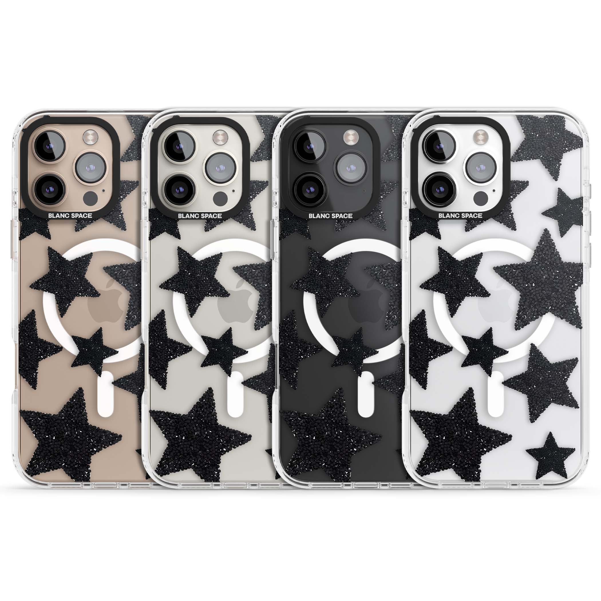 Beaded Black Stars celestial iPhone case featuring black glitter beaded stars scattered on a clear background | Impact Magsafe case for iPhone 16 Pro, iPhone 16 Pro Max