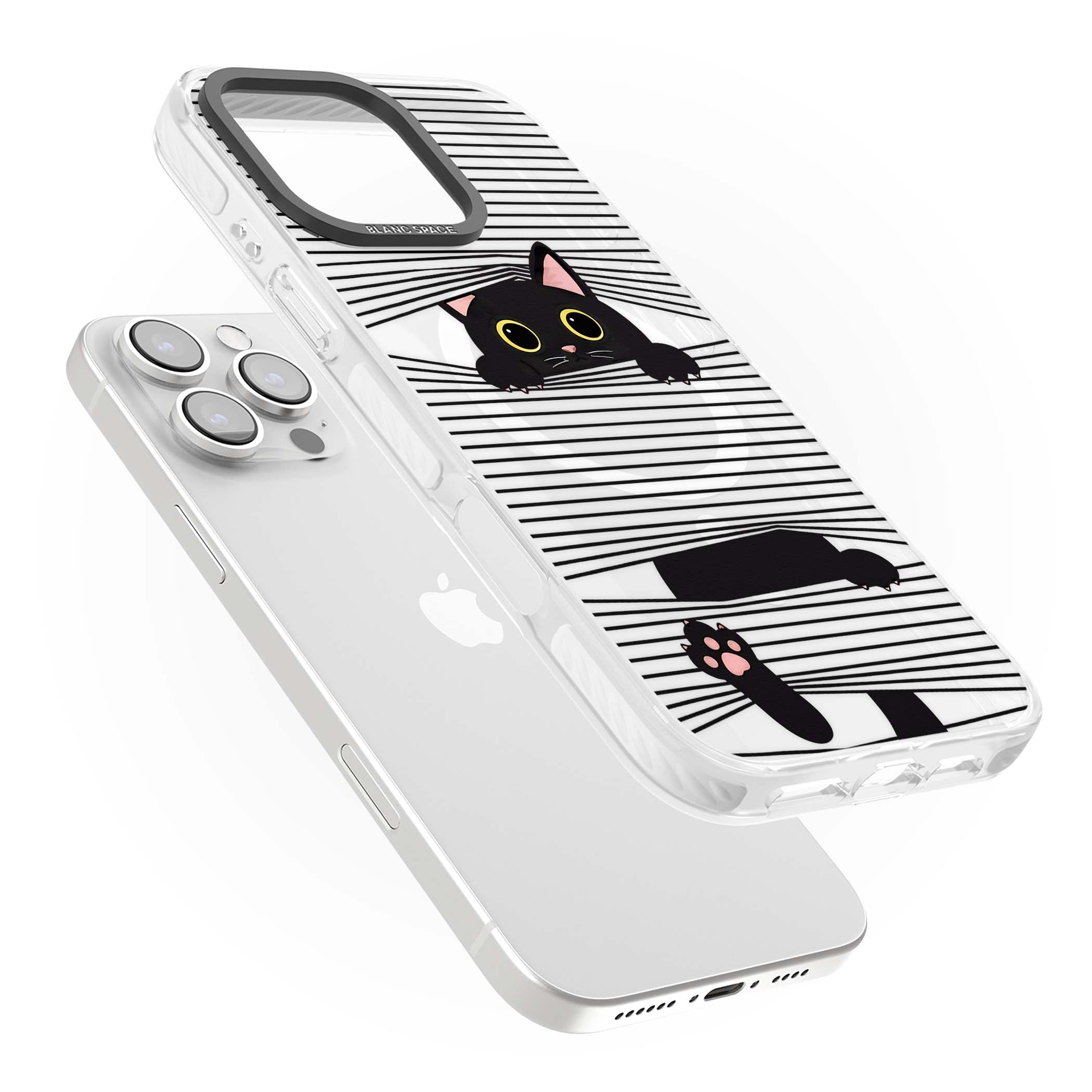 Peek-a-Boo Cat minimal iPhone case featuring black cat peeking through horizontal black and white stripes | Impact Magsafe case for iPhone 16 Pro, iPhone 16 Pro Max