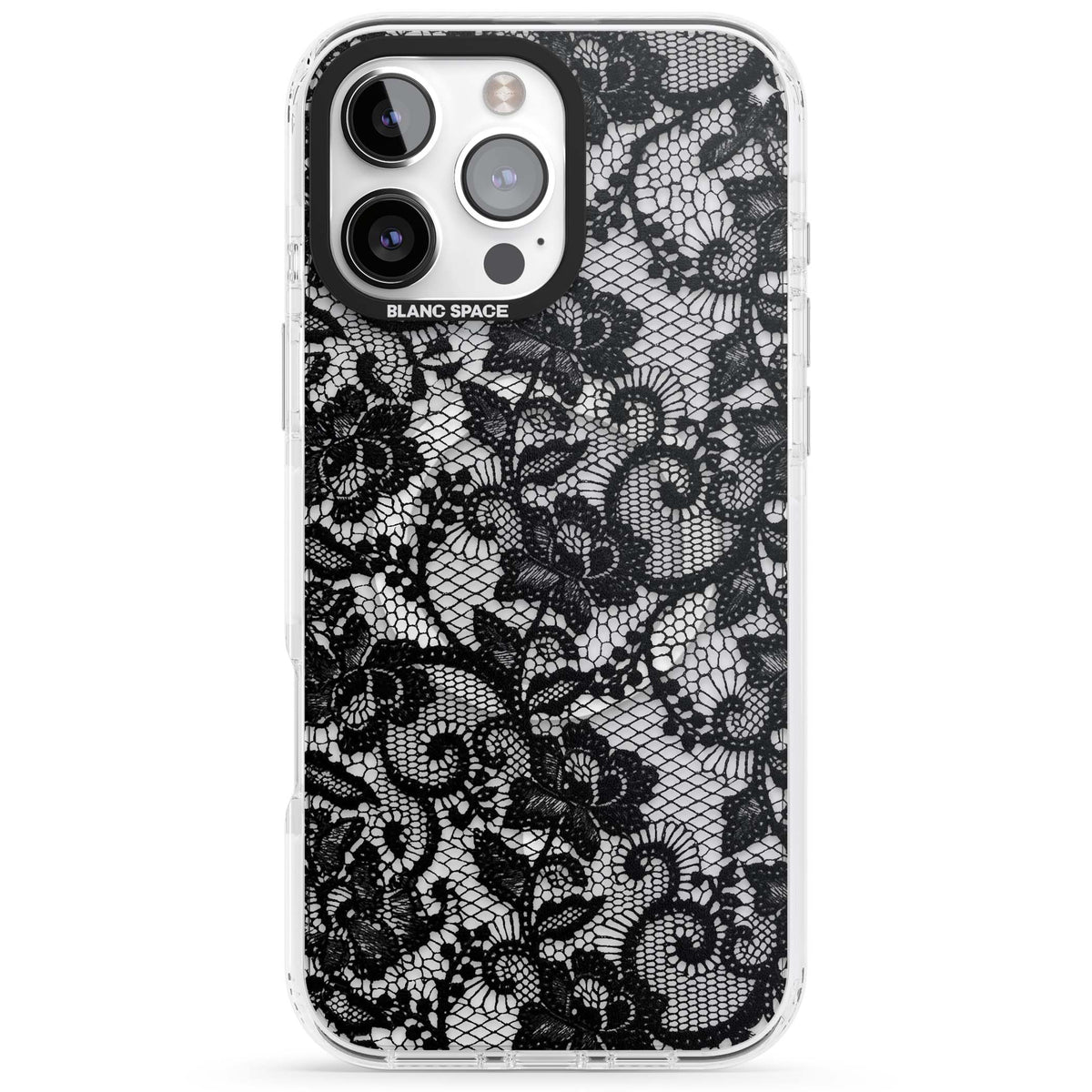 Black Lace gothic iPhone case featuring intricate black floral lace pattern with vintage whimsigoth detail | Impact Magsafe case for iPhone 16 Pro, iPhone 16 Pro Max