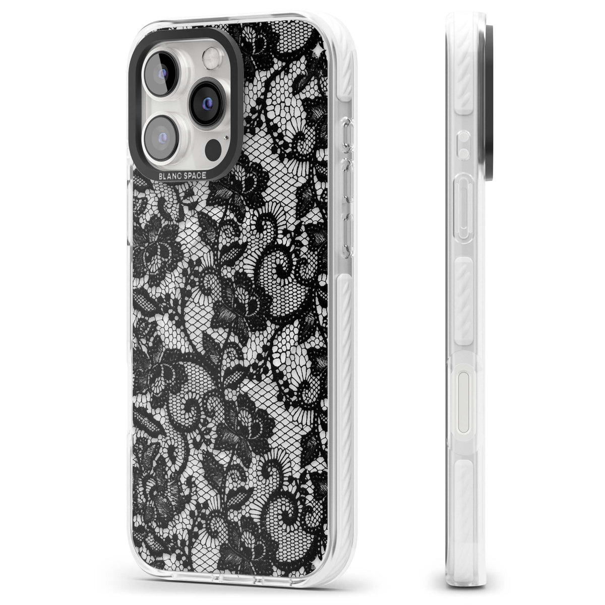 Black Lace gothic iPhone case featuring intricate black floral lace pattern with vintage whimsigoth detail | Impact Magsafe case for iPhone 16 Pro, iPhone 16 Pro Max