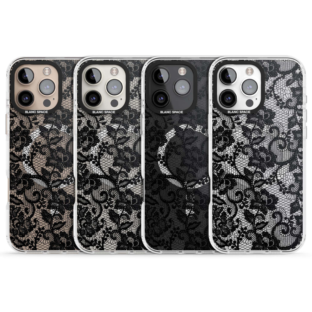 Black Lace gothic iPhone case featuring intricate black floral lace pattern with vintage whimsigoth detail | Impact Magsafe case for iPhone 16 Pro, iPhone 16 Pro Max