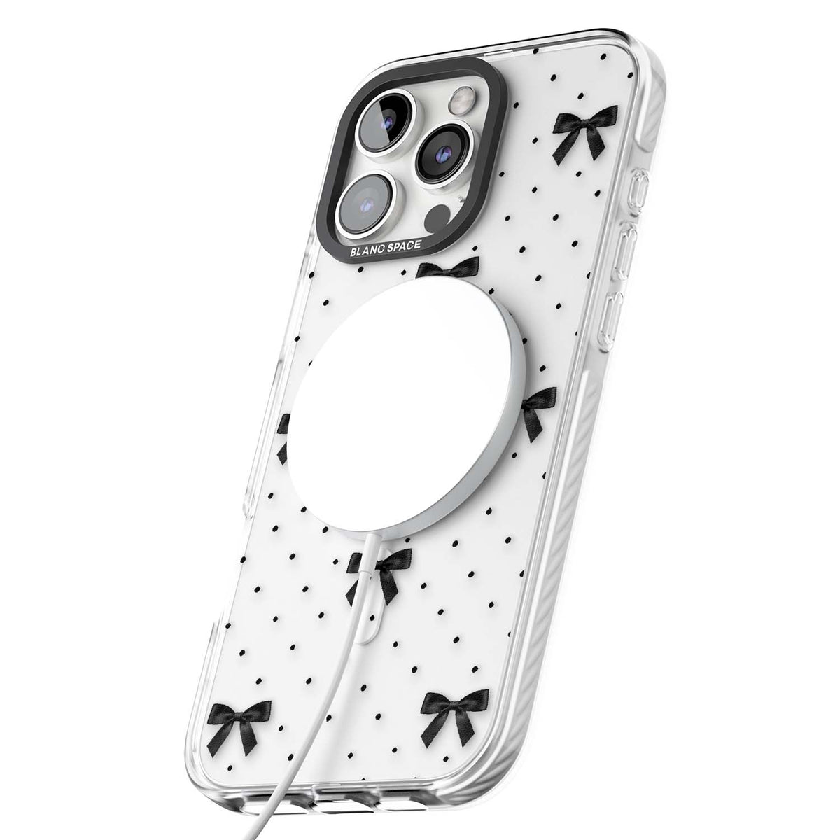 Black Polka Bows coquette iPhone case featuring scattered black satin bows and tiny polka dots on a clear base | Impact Magsafe case for iPhone 16 Pro, iPhone 16 Pro Max