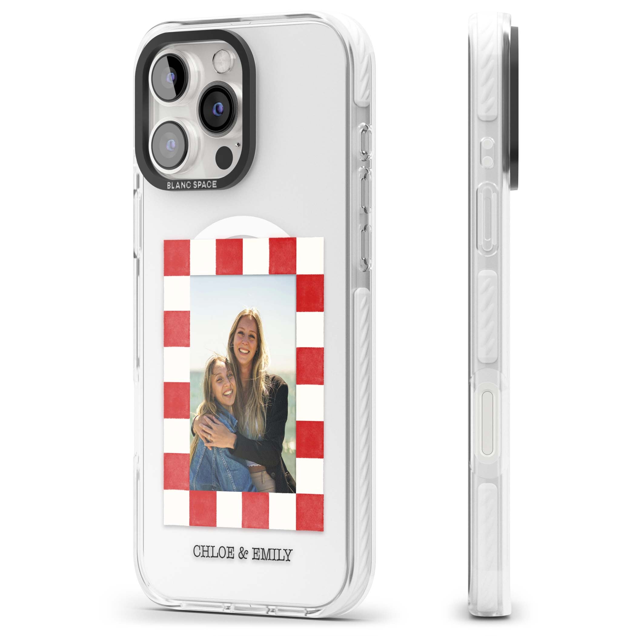 Red Check Photo personalised photo iPhone case with red and white checkered polaroid frame and custom couple name | Impact Magsafe case for iPhone 16 Pro, iPhone 16 Pro Max
