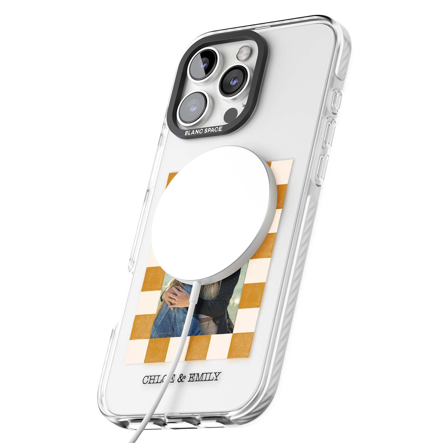 Citrus Check Photo personalised iPhone case with custom photo, orange checkered frame and names underneath | Impact Magsafe case for iPhone 16 Pro, iPhone 16 Pro Max