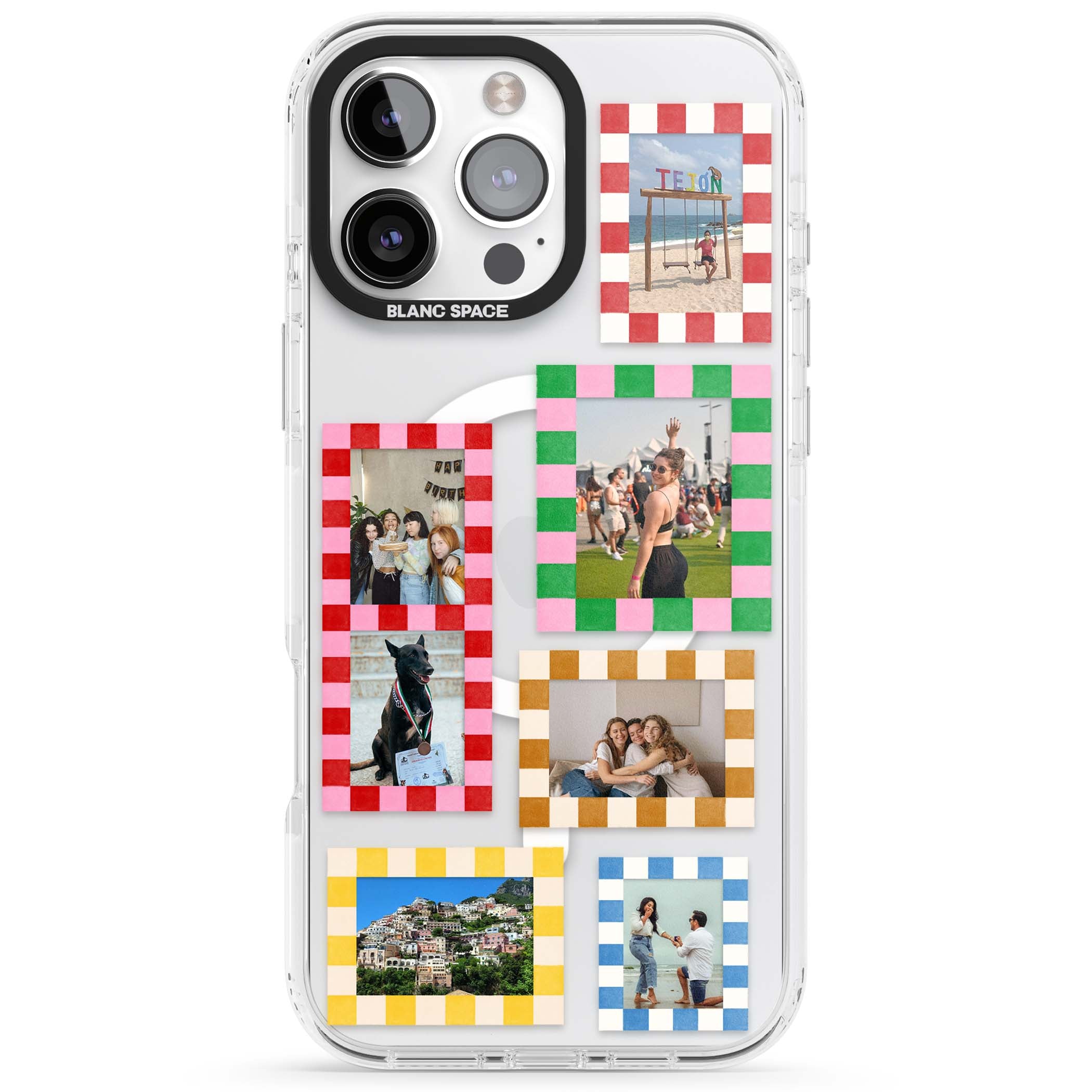 Italian Check Frames custom photo collage iPhone case featuring six checkered photo frames in red, green, pink and | Impact Magsafe case for iPhone 16 Pro, iPhone 16 Pro Max