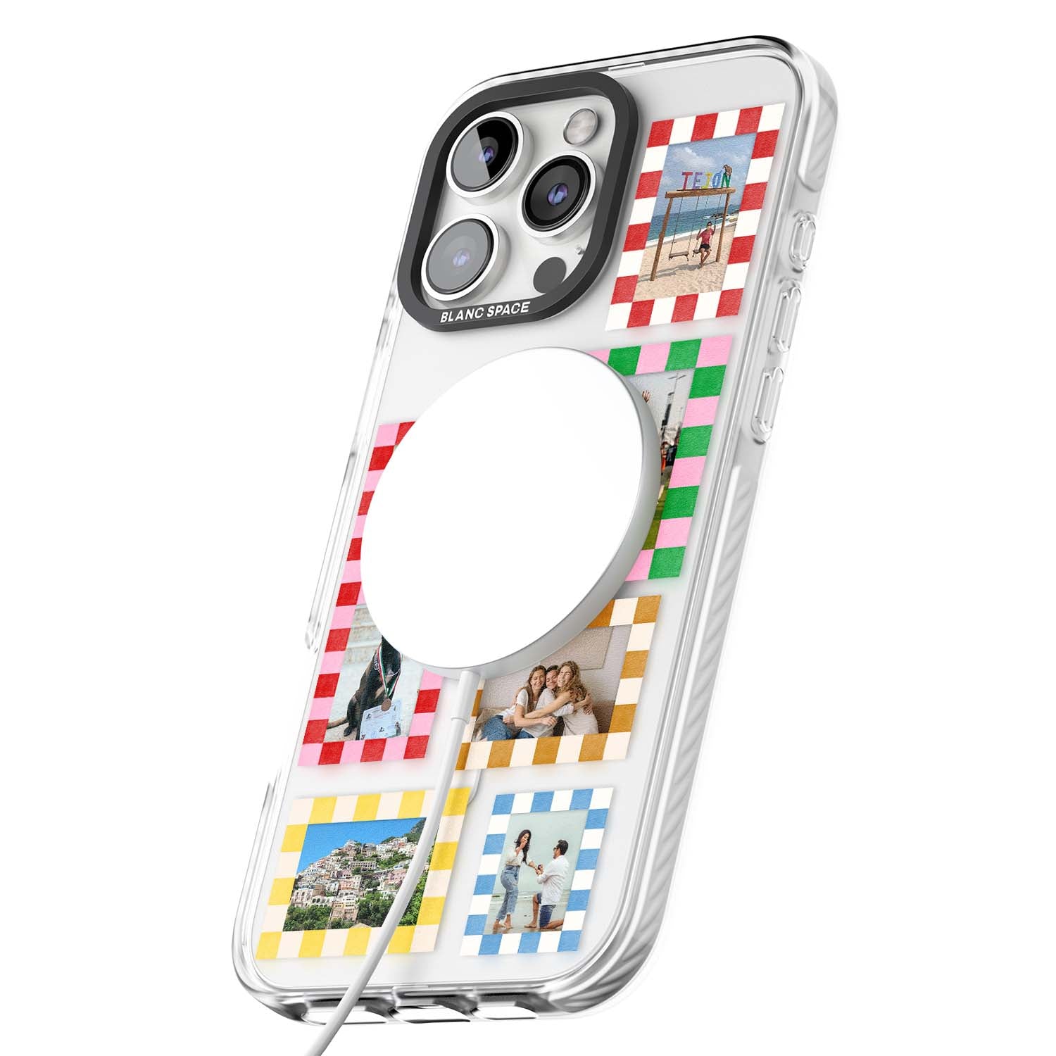 Italian Check Frames custom photo collage iPhone case featuring six checkered photo frames in red, green, pink and | Impact Magsafe case for iPhone 16 Pro, iPhone 16 Pro Max