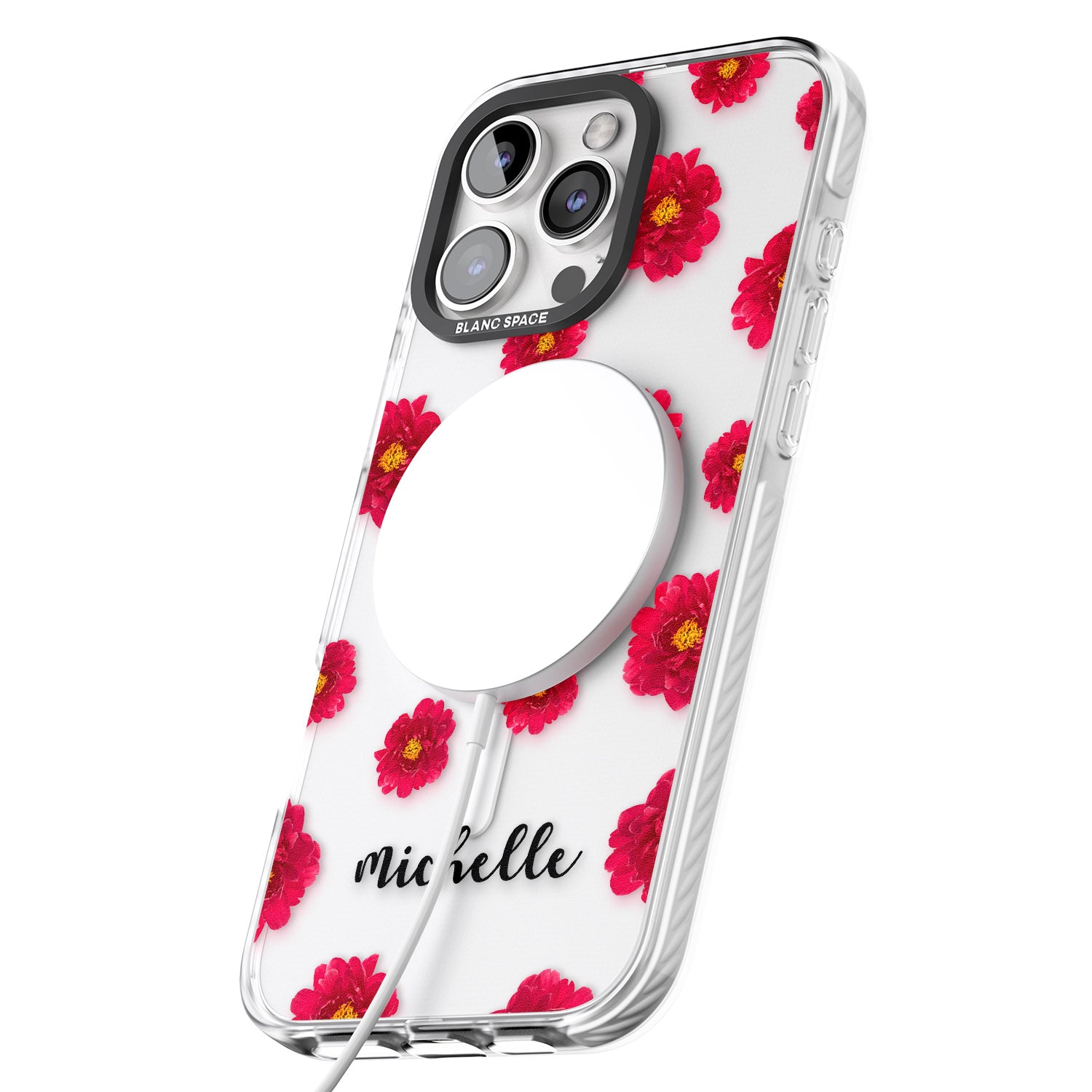 iPhone 16 Pro Max Personalised Red Peonies & Cursive Black Impact Phone Case