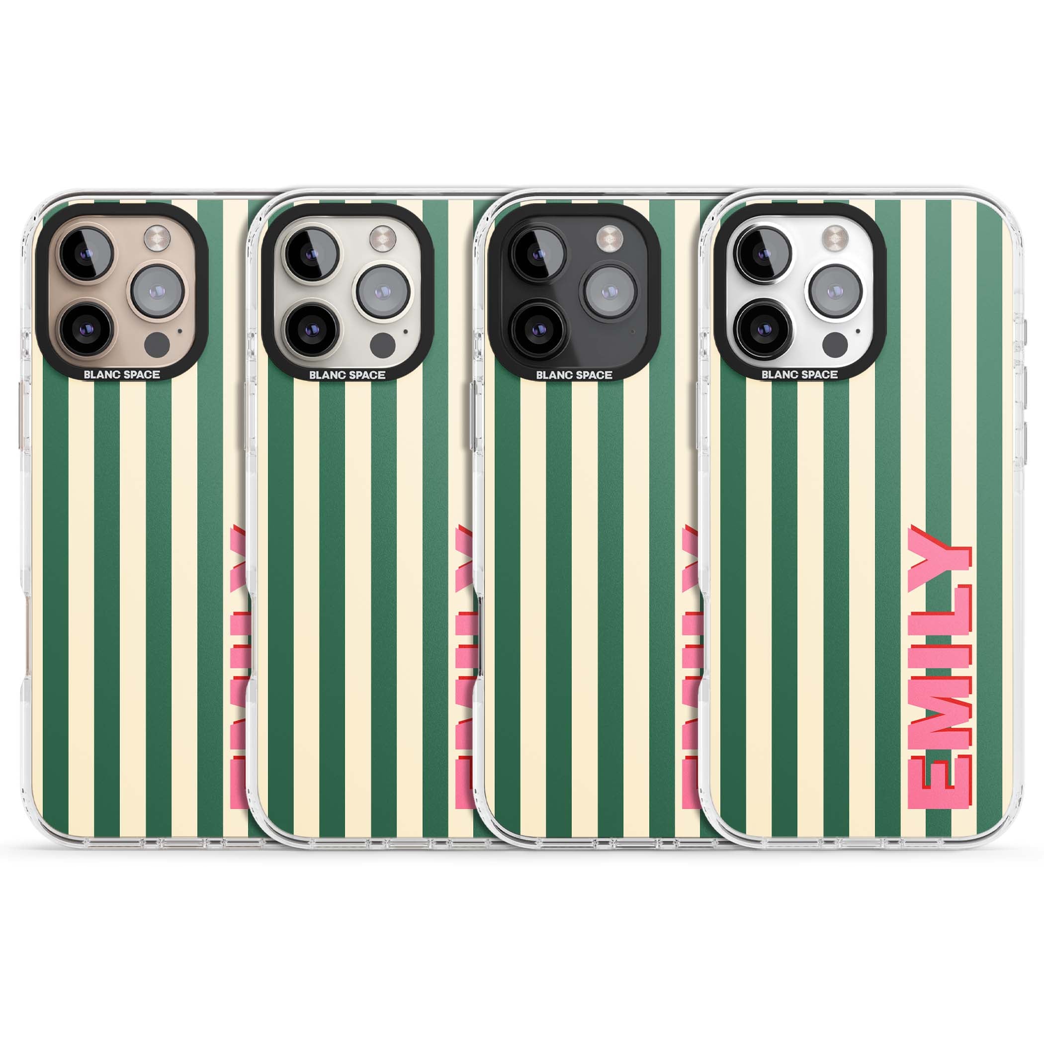 Wimbledon Stripe preppy iPhone case featuring green and cream vertical stripes with a personalised pink name | Impact Magsafe case for iPhone 16 Pro, iPhone 16 Pro Max