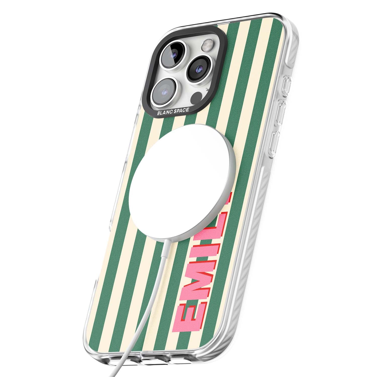 Wimbledon Stripe preppy iPhone case featuring green and cream vertical stripes with a personalised pink name | Impact Magsafe case for iPhone 16 Pro, iPhone 16 Pro Max