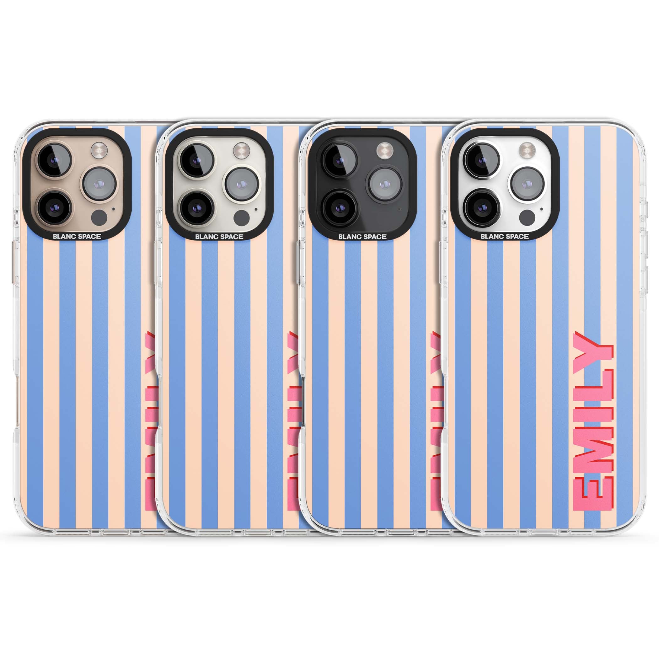 Coastal Stripe personalised coastal iPhone case with blue and peach vertical stripes and custom pink name | Impact Magsafe case for iPhone 16 Pro, iPhone 16 Pro Max