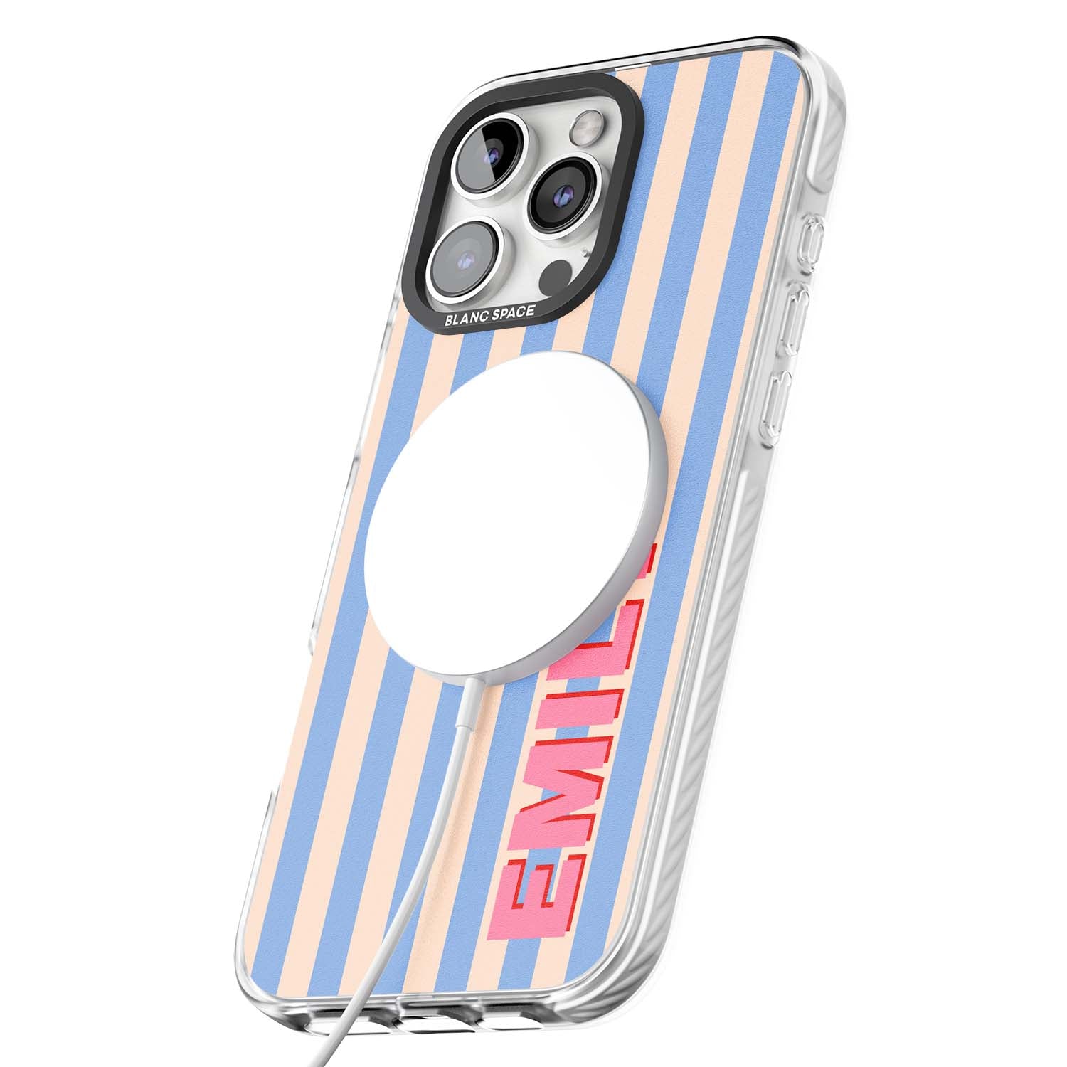 Coastal Stripe personalised coastal iPhone case with blue and peach vertical stripes and custom pink name | Impact Magsafe case for iPhone 16 Pro, iPhone 16 Pro Max