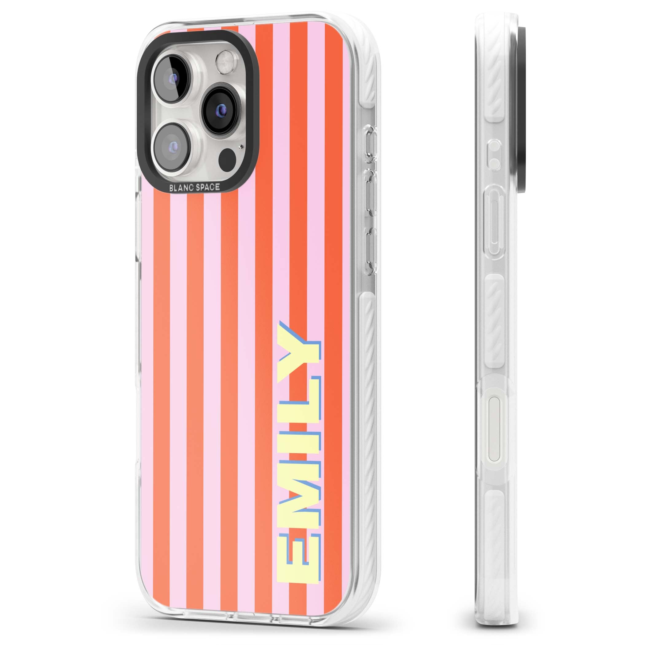 Havana Stripe personalised iPhone case featuring pink and orange vertical stripes with a custom yellow name | Impact Magsafe case for iPhone 16 Pro, iPhone 16 Pro Max