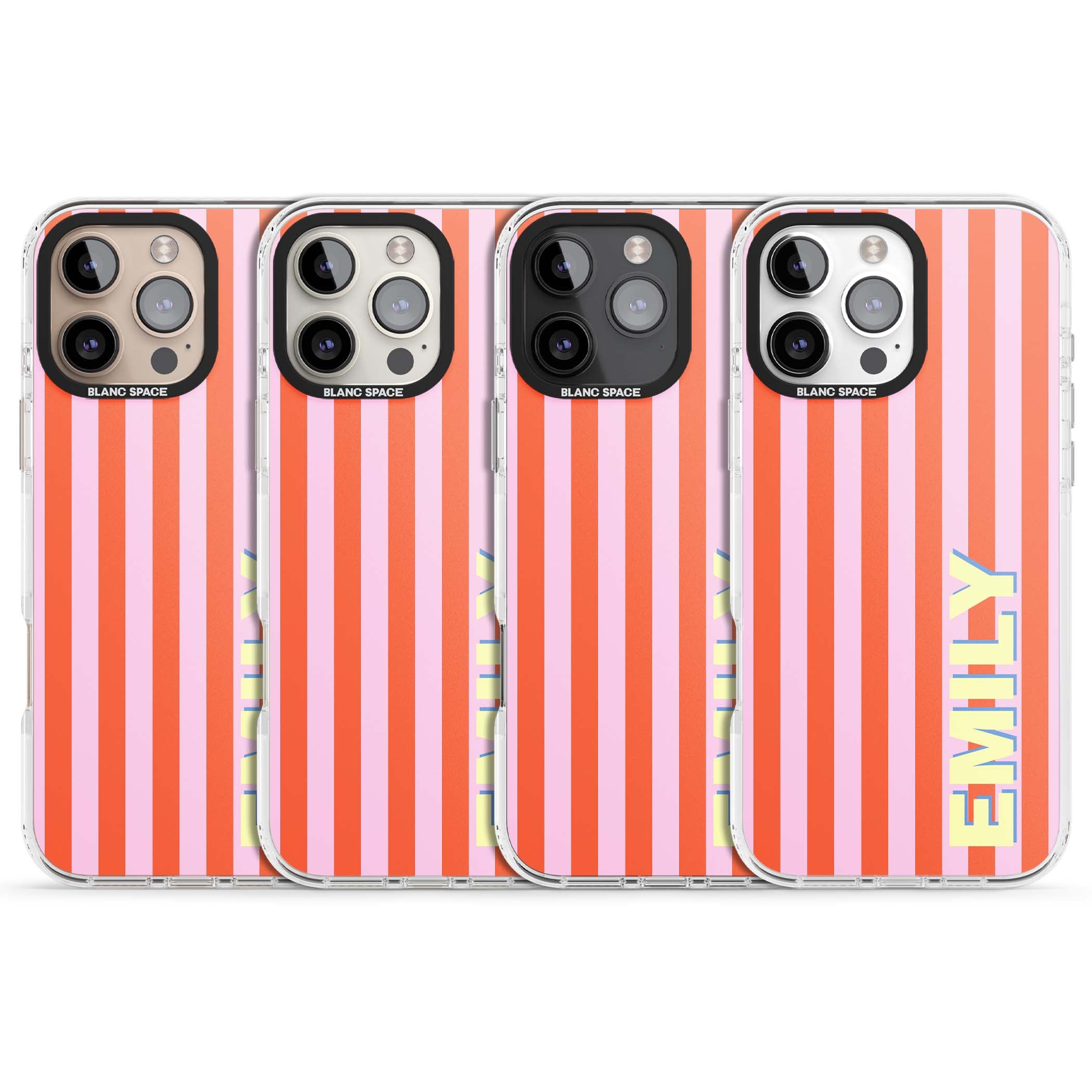 Havana Stripe personalised iPhone case featuring pink and orange vertical stripes with a custom yellow name | Impact Magsafe case for iPhone 16 Pro, iPhone 16 Pro Max