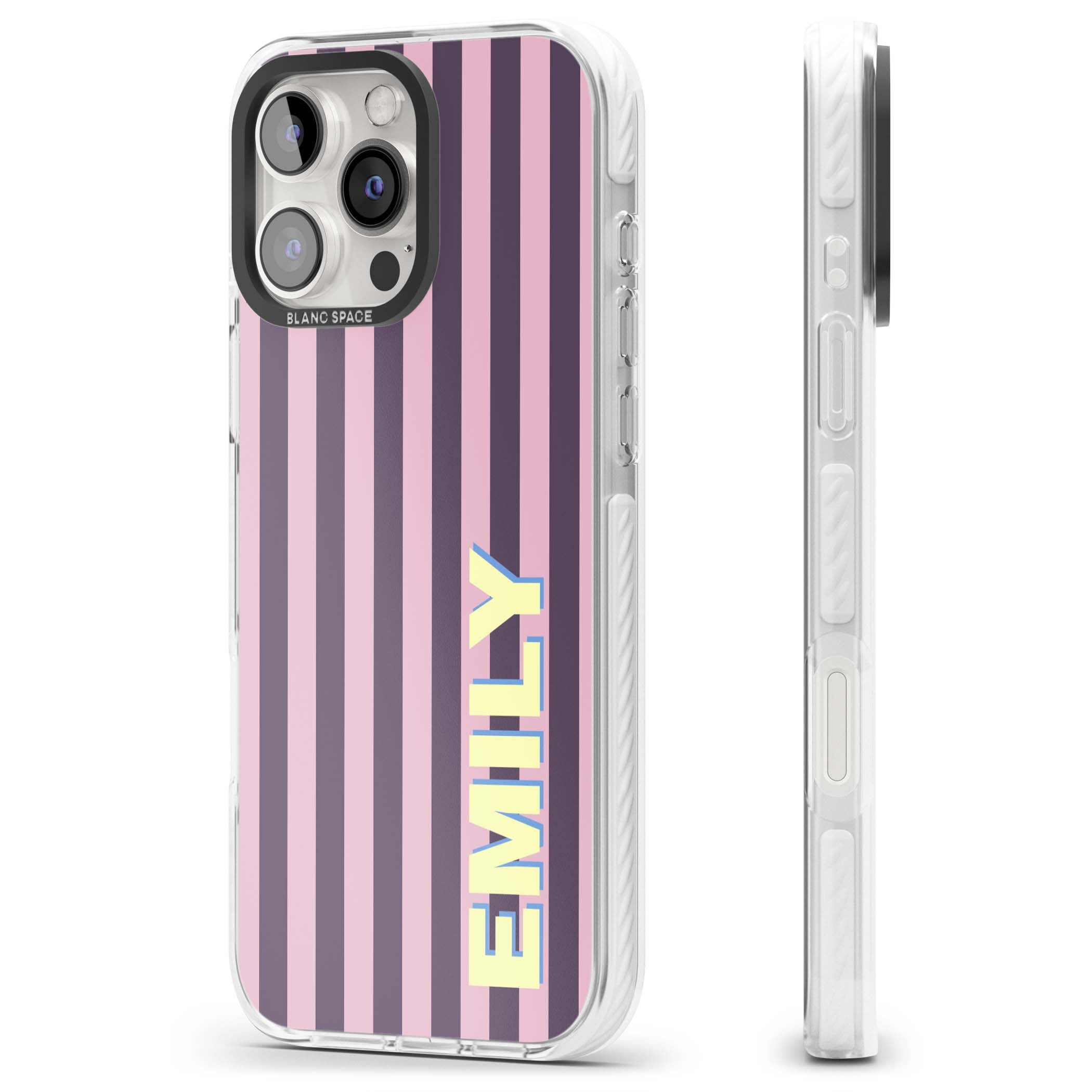 Tyre Stripe personalised stripe iPhone case with plum and pink vertical stripes and custom yellow name | Impact Magsafe case for iPhone 16 Pro, iPhone 16 Pro Max
