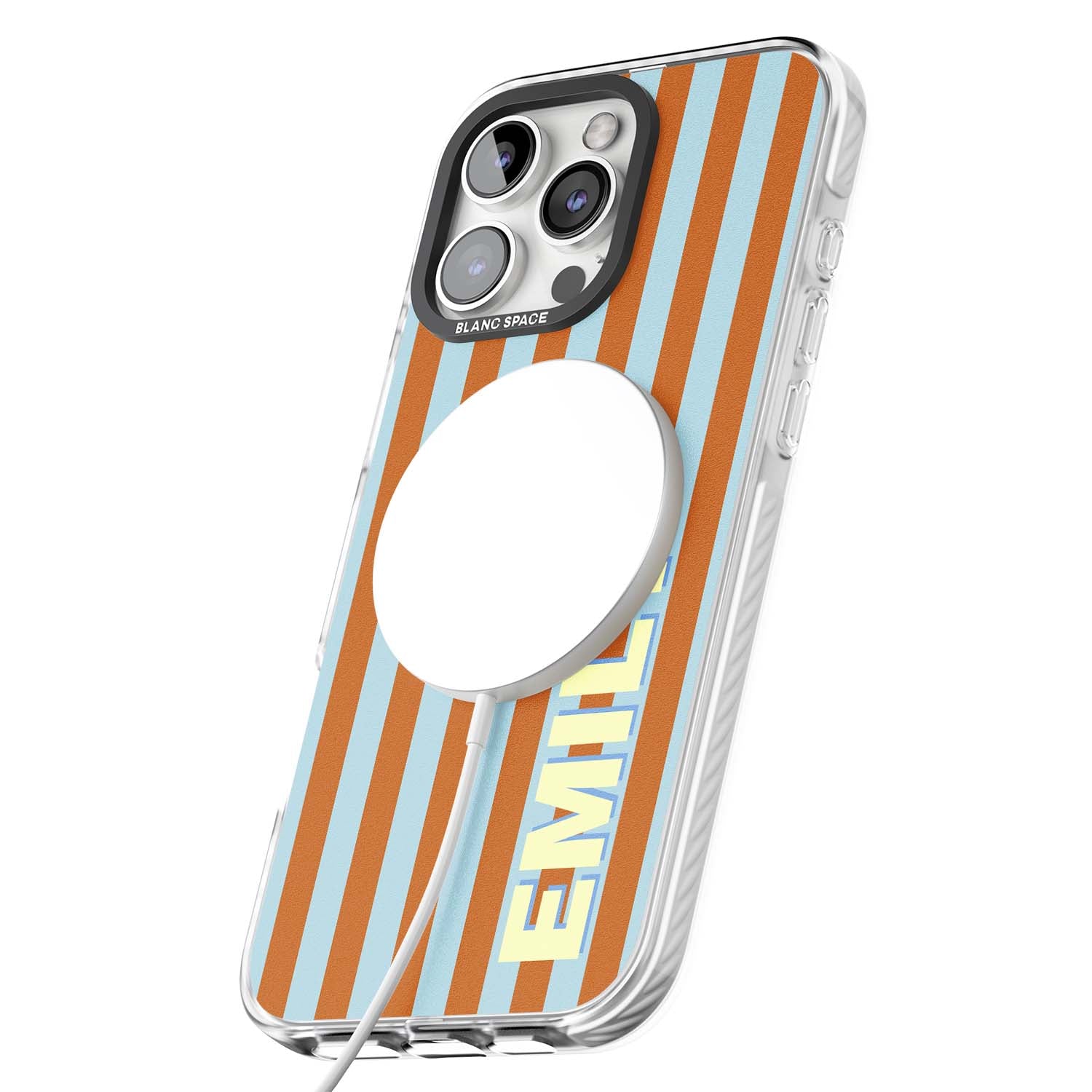 Cappadocia Stripe personalised coastal iPhone case featuring blue and orange vertical stripes with custom cream name | Impact Magsafe case for iPhone 16 Pro, iPhone 16 Pro Max