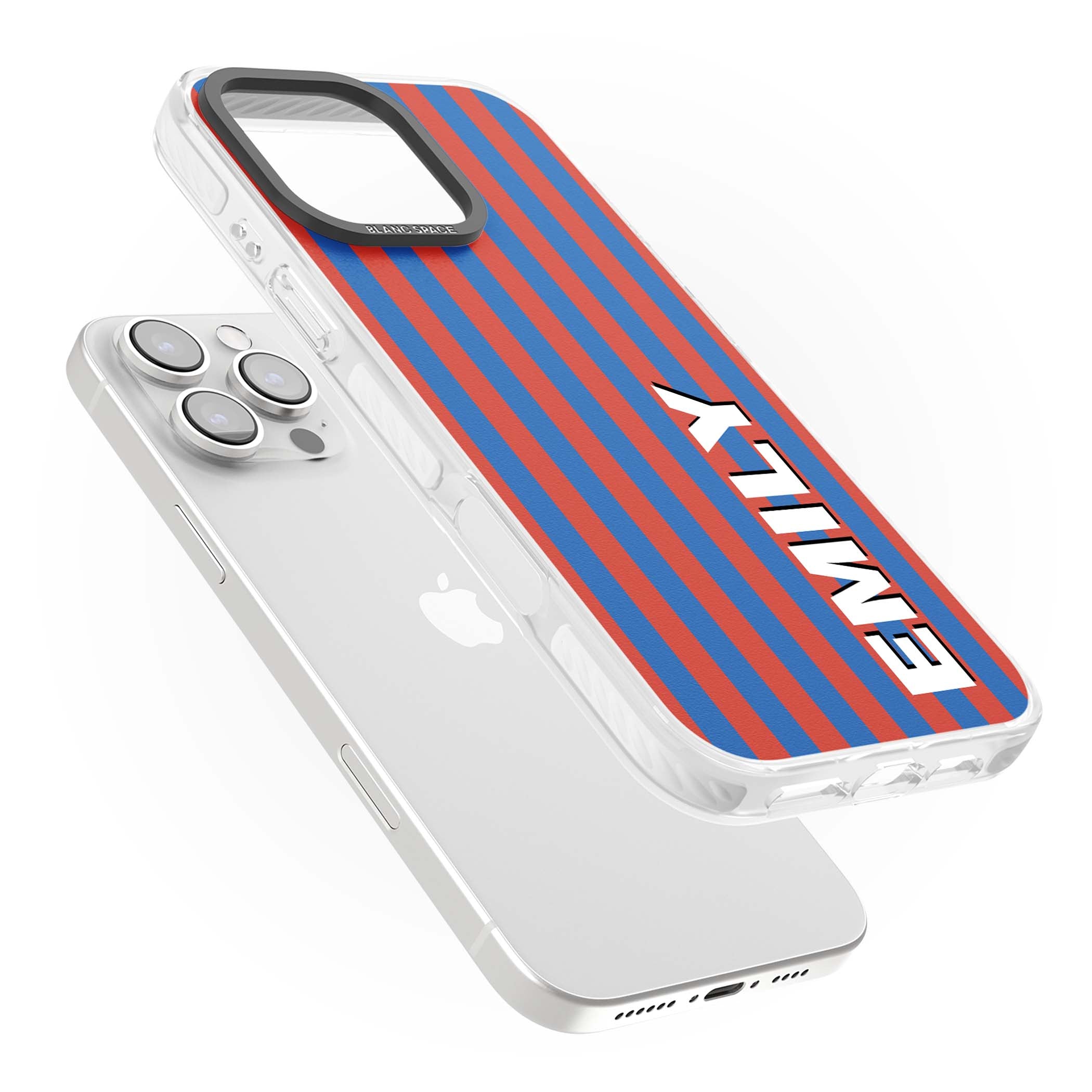Cuban Stripe personalised iPhone case featuring red and blue vertical stripes with custom name in bold white letters | Impact Magsafe case for iPhone 16 Pro, iPhone 16 Pro Max