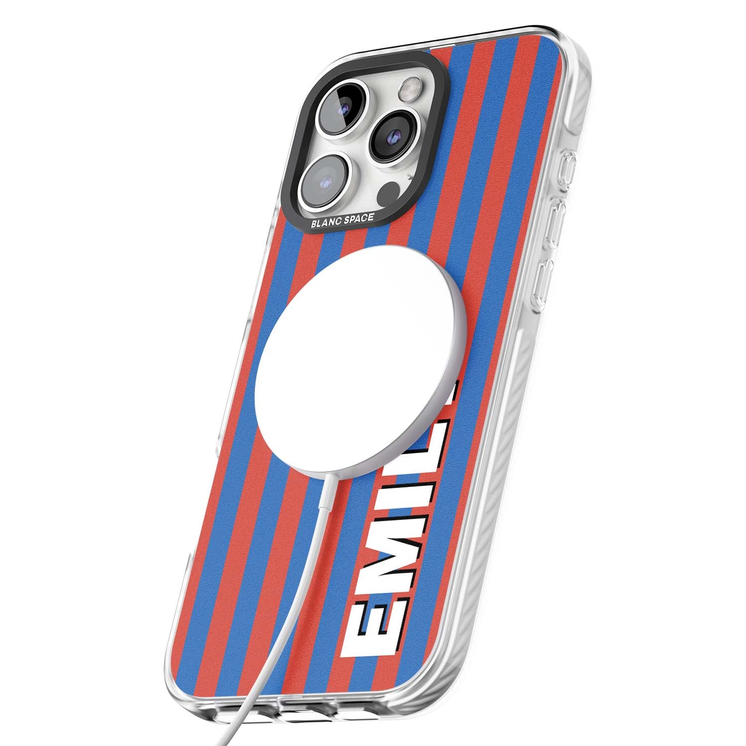 Cuban Stripe personalised iPhone case featuring red and blue vertical stripes with custom name in bold white letters | Impact Magsafe case for iPhone 16 Pro, iPhone 16 Pro Max