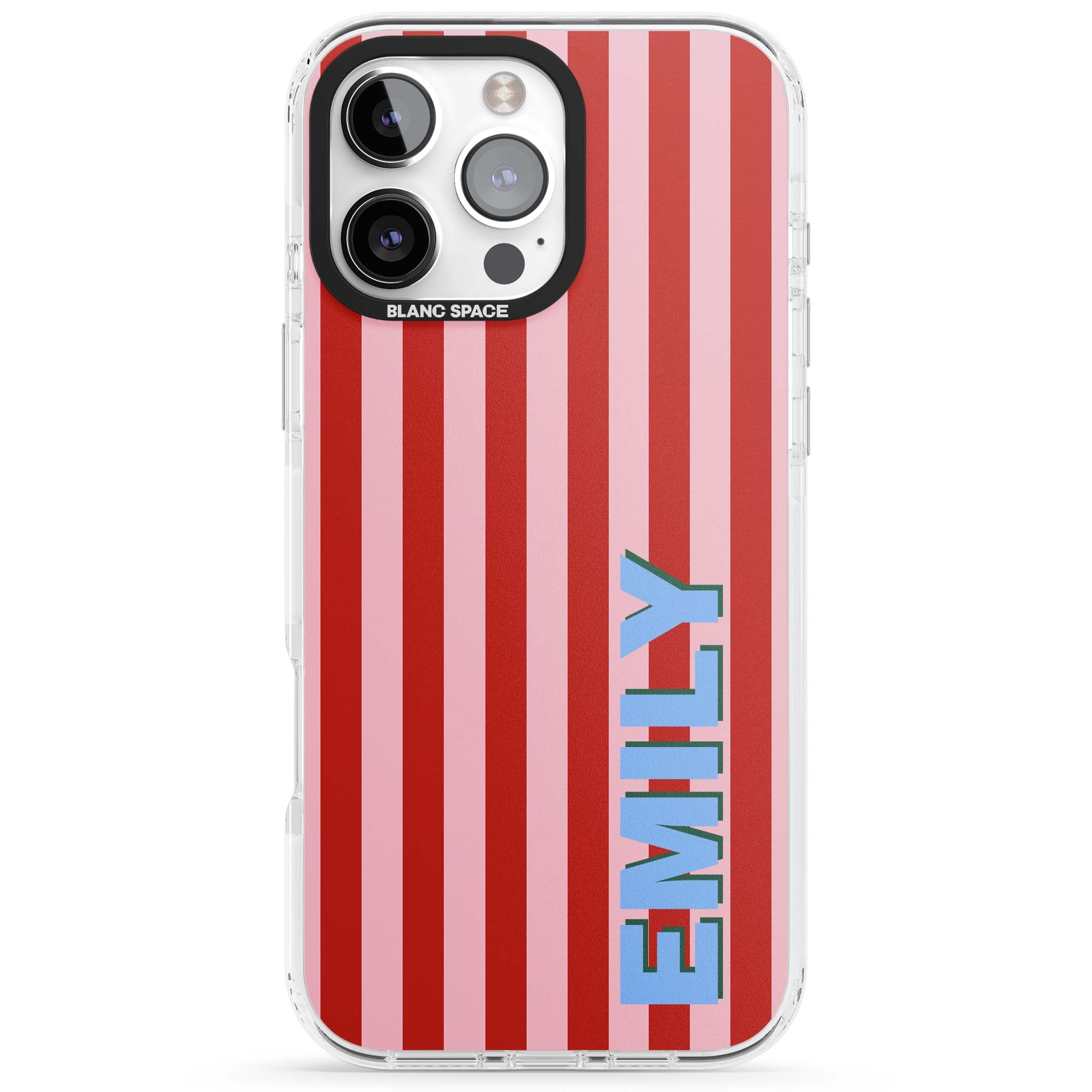 Market Stripe personalised iPhone case with red and pink vertical stripes and custom blue name | Impact Magsafe case for iPhone 16 Pro, iPhone 16 Pro Max