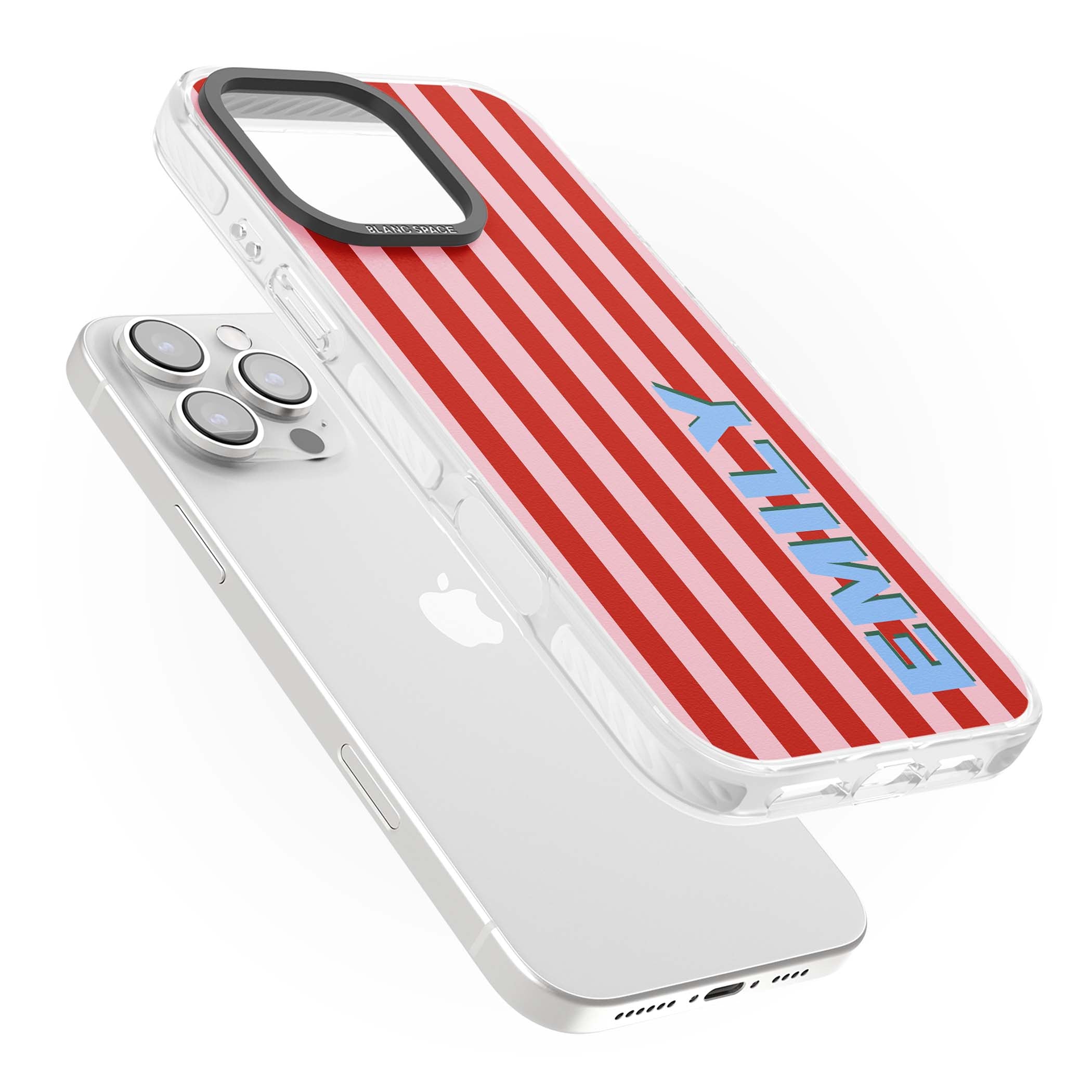 Market Stripe personalised iPhone case with red and pink vertical stripes and custom blue name | Impact Magsafe case for iPhone 16 Pro, iPhone 16 Pro Max